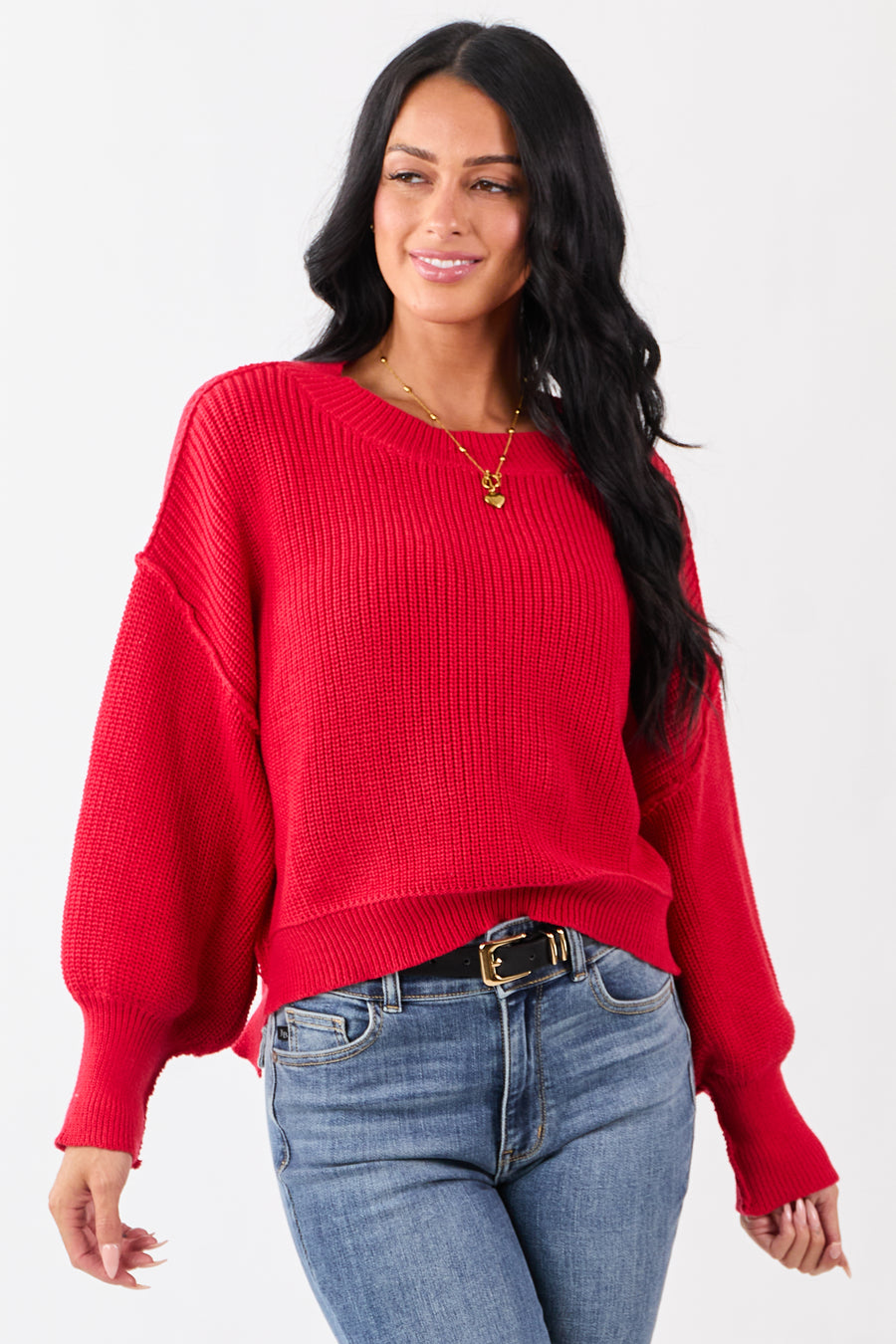 Lipstick Rib Knit High-Low Hem Balloon Sleeve Sweater