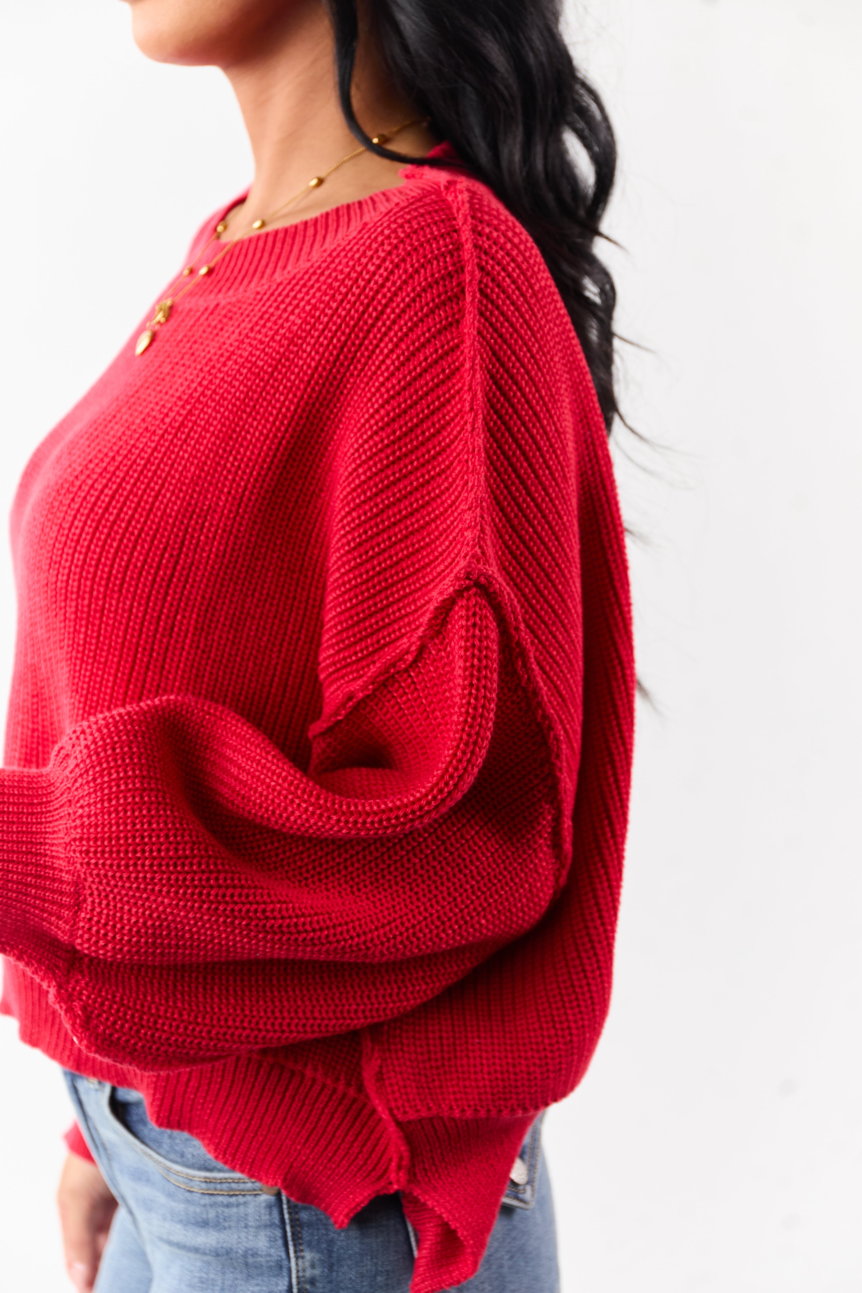 Lipstick Rib Knit High-Low Hem Balloon Sleeve Sweater