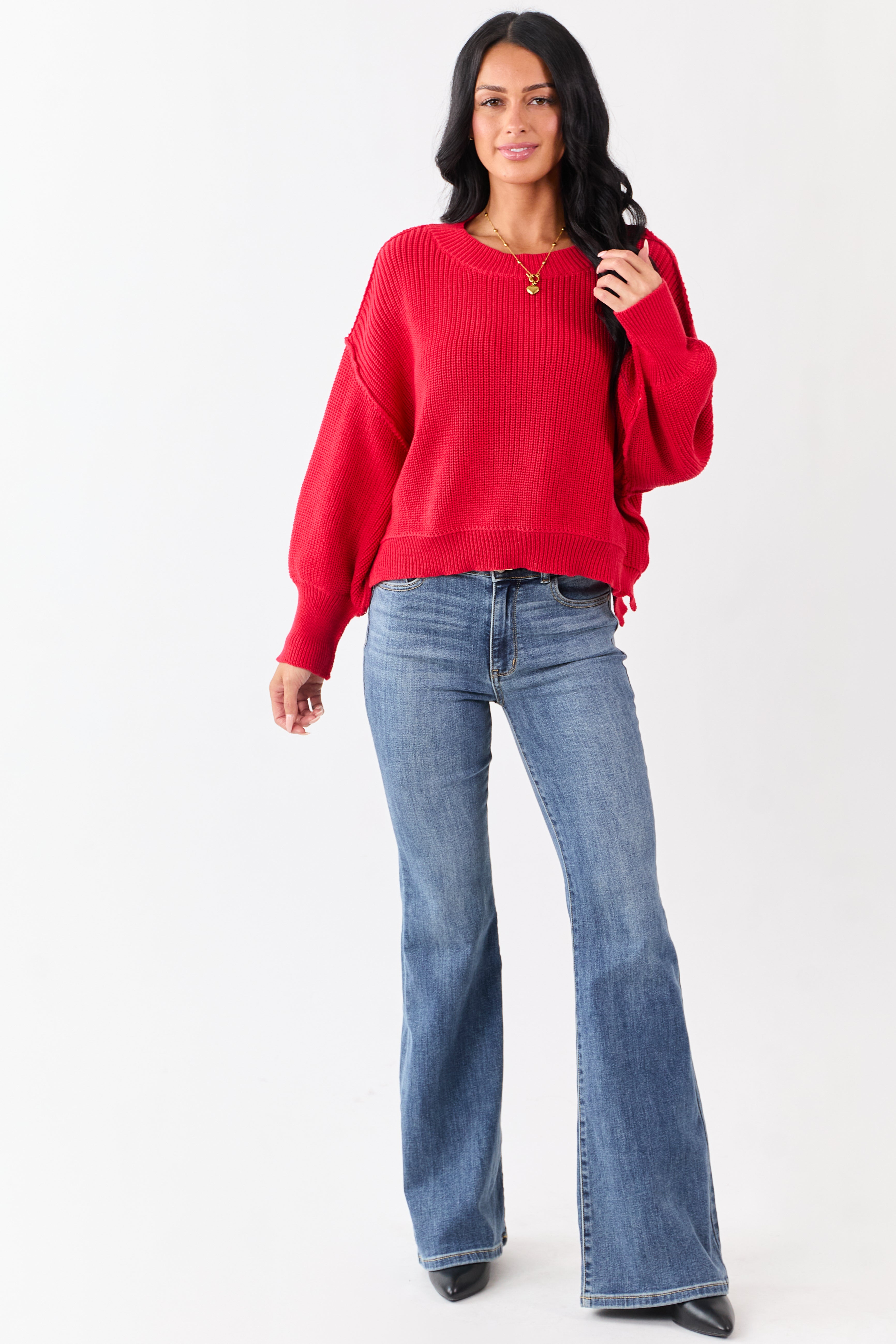 Lipstick Rib Knit High-Low Hem Balloon Sleeve Sweater