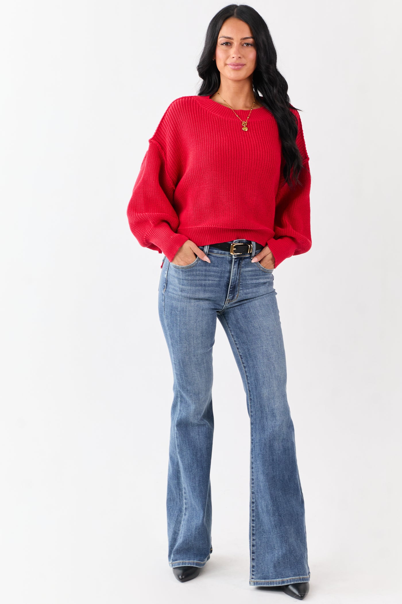 Lipstick Rib Knit High-Low Hem Balloon Sleeve Sweater