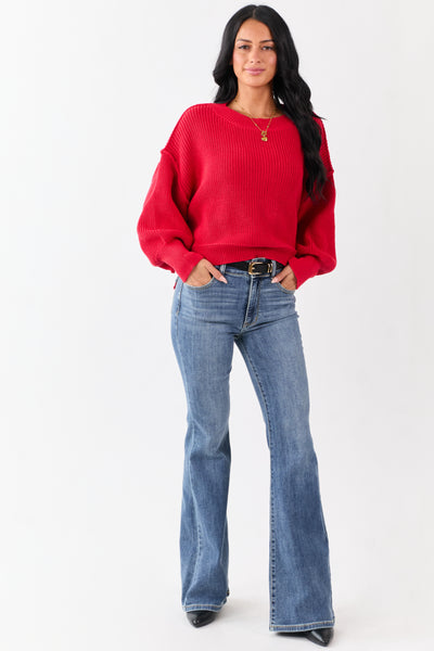 Lipstick Rib Knit High-Low Hem Balloon Sleeve Sweater
