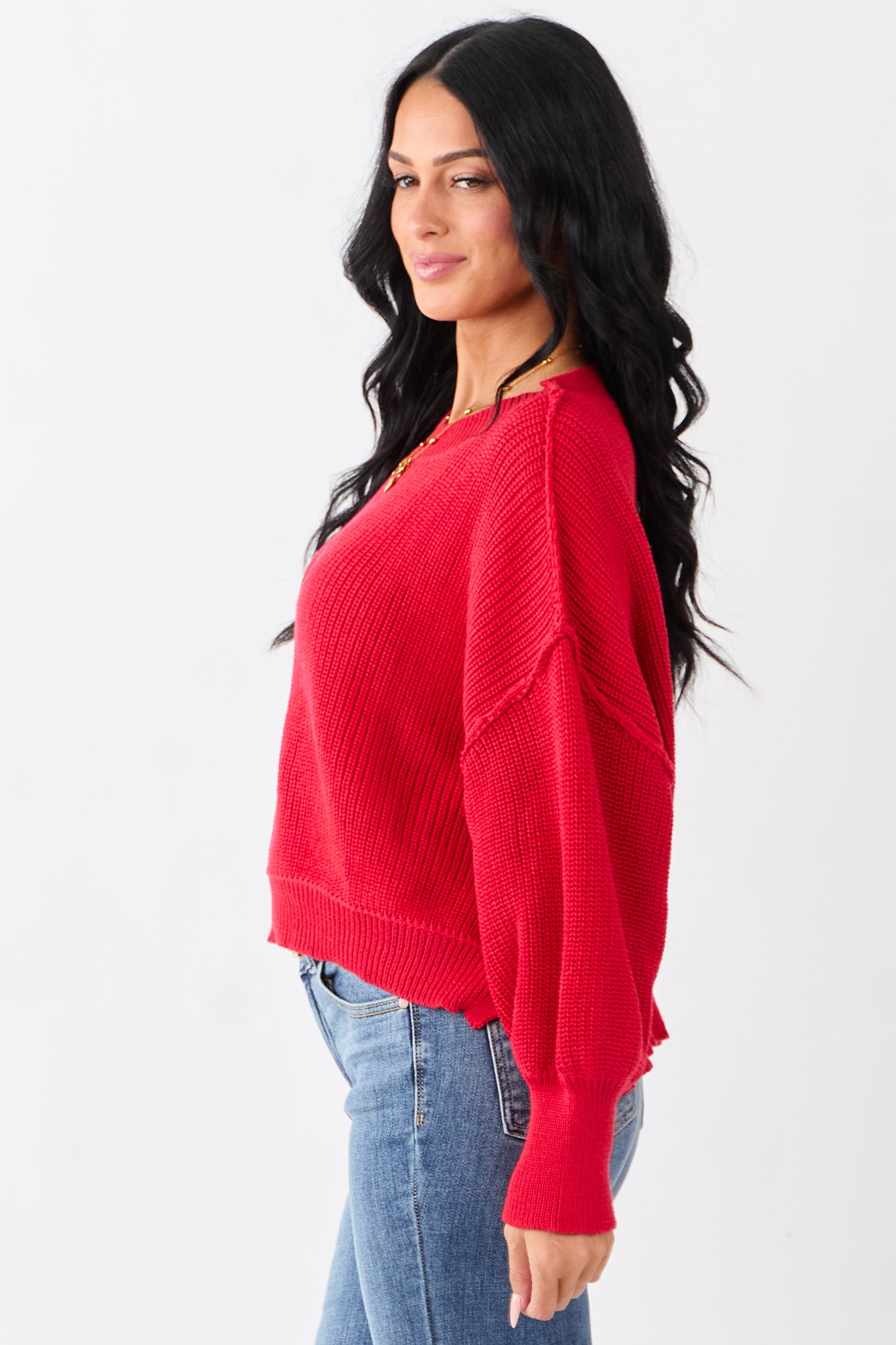 Lipstick Rib Knit High-Low Hem Balloon Sleeve Sweater