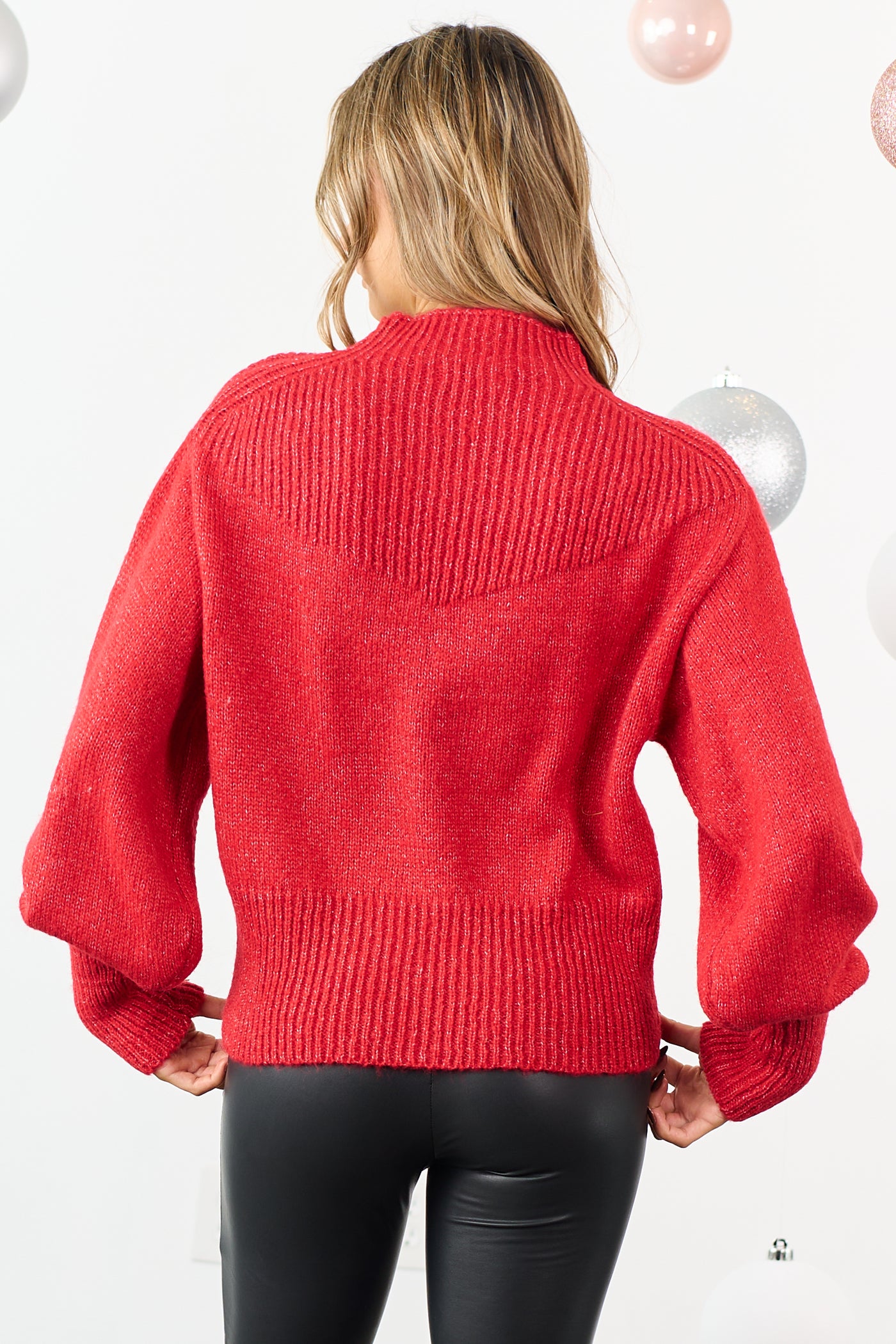 Lipstick Ribbed Balloon Sleeve Mock Neck Sweater