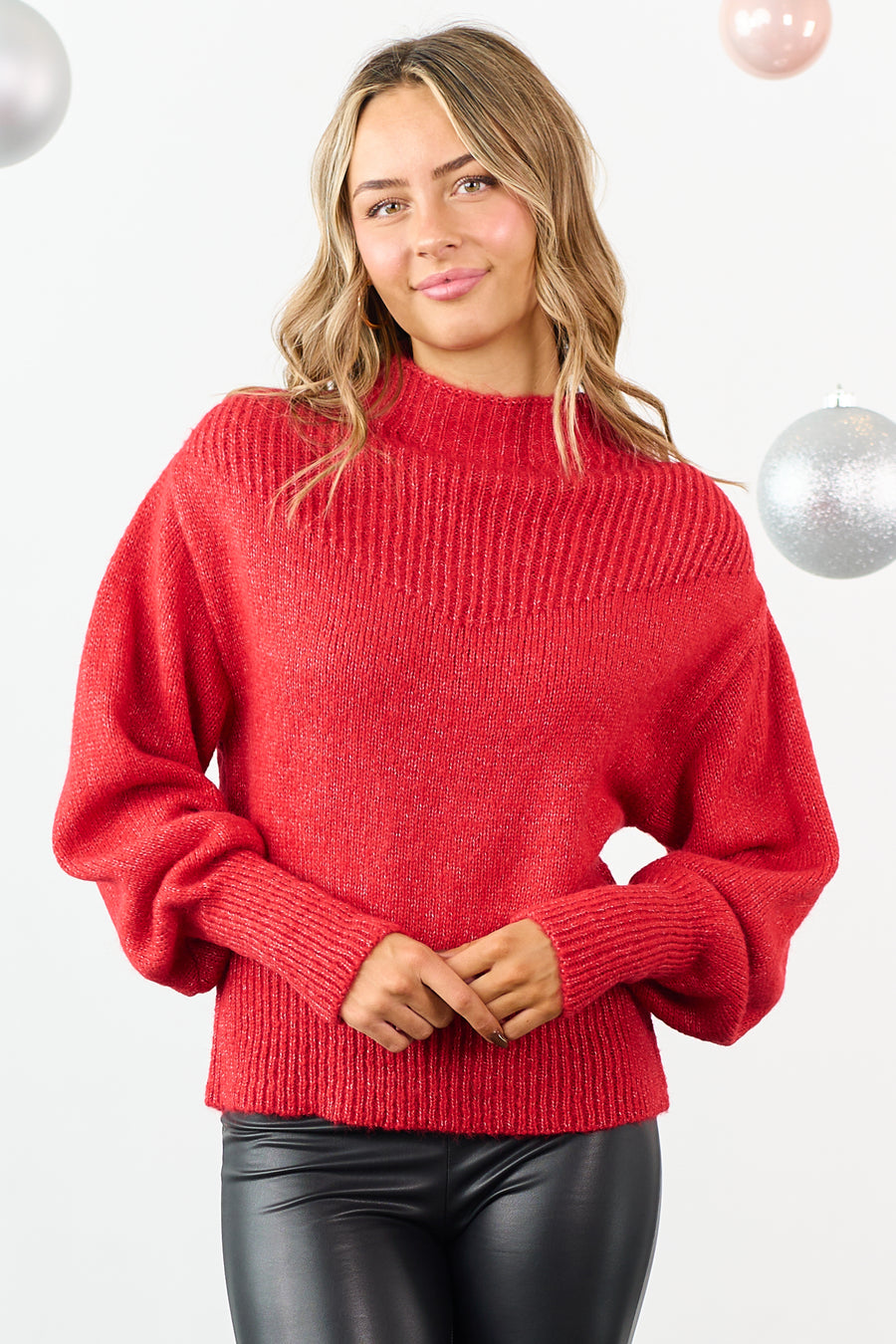 Lipstick Ribbed Balloon Sleeve Mock Neck Sweater