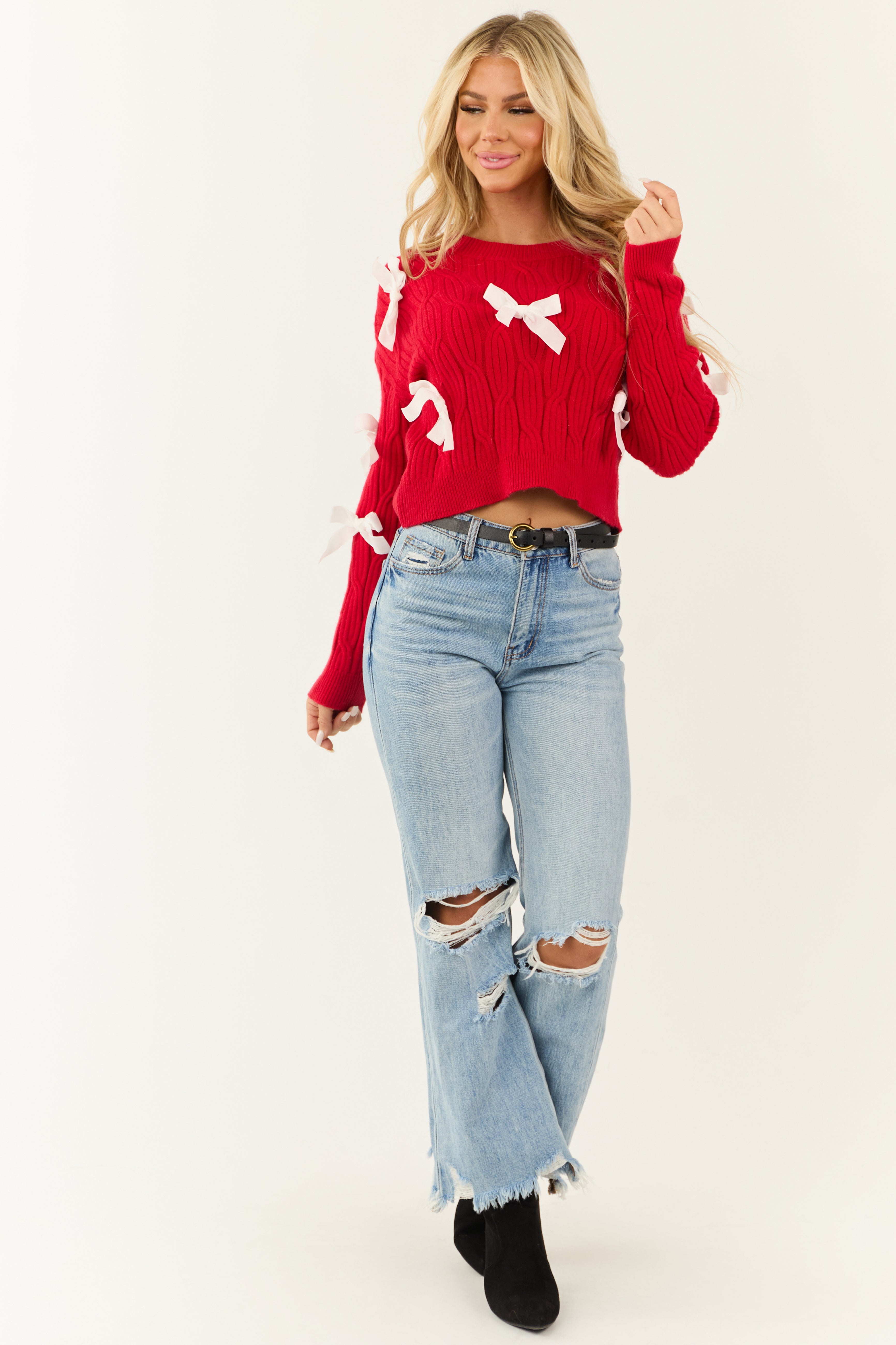 Lipstick Ribbon Bow Applique Knit Sweater