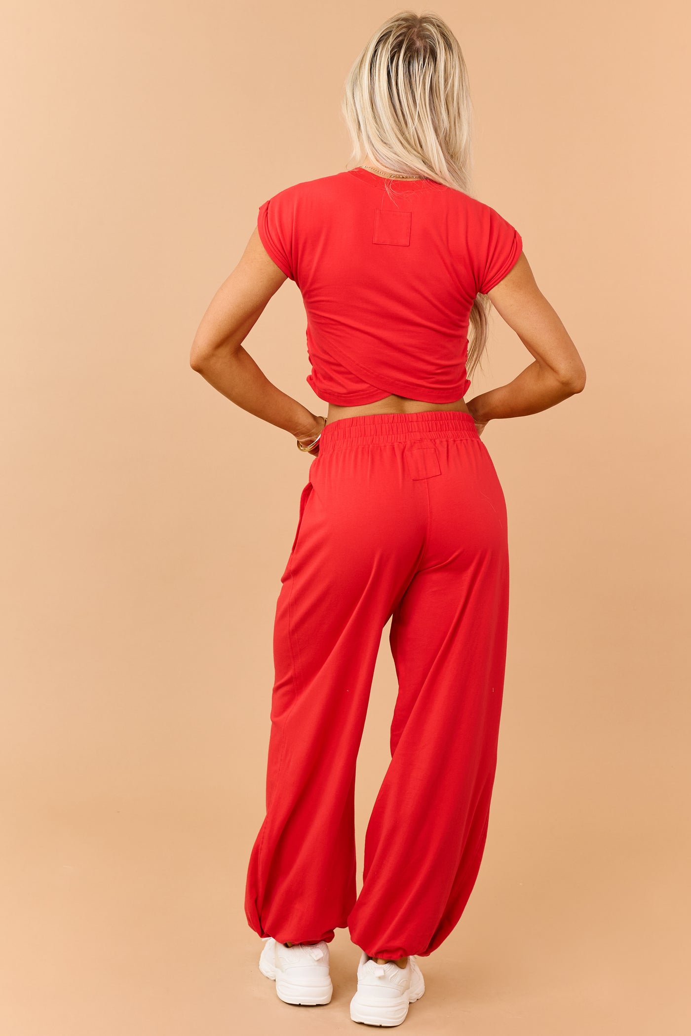Lipstick Ruched Cotton Knit Top and Pants Set