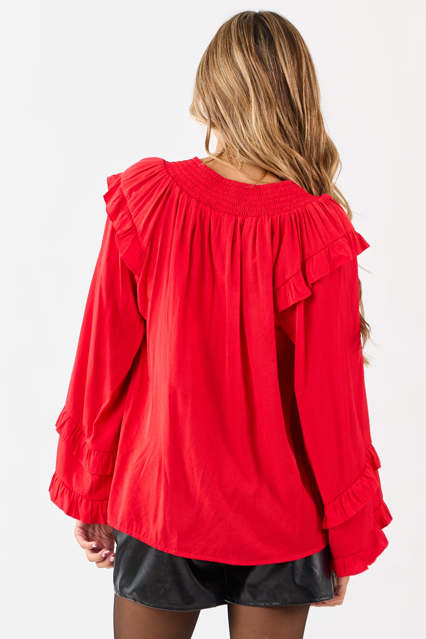 Lipstick Smocked Neck Ruffle Accent Long Sleeve Top