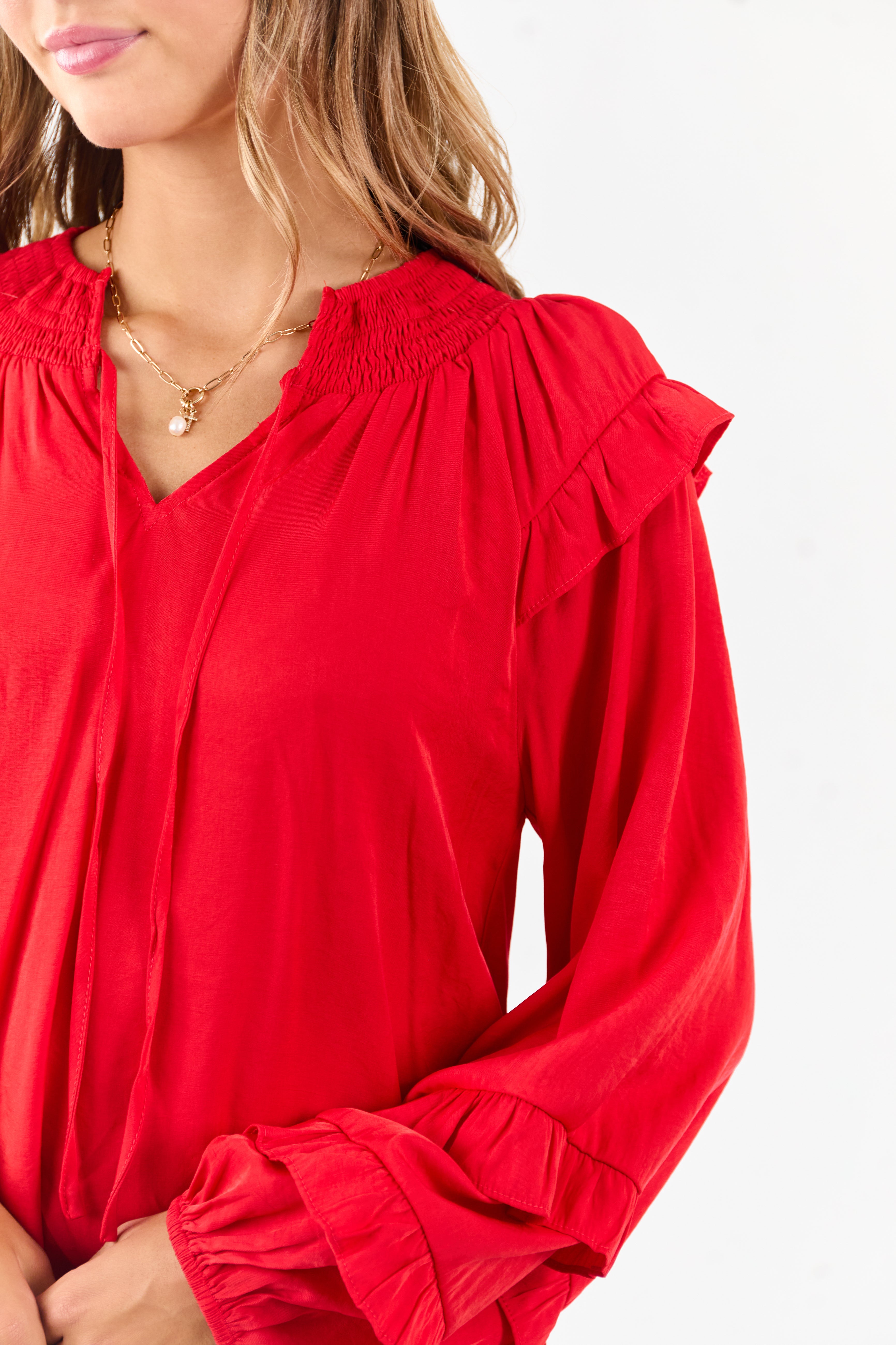 Lipstick Smocked Neck Ruffle Accent Long Sleeve Top