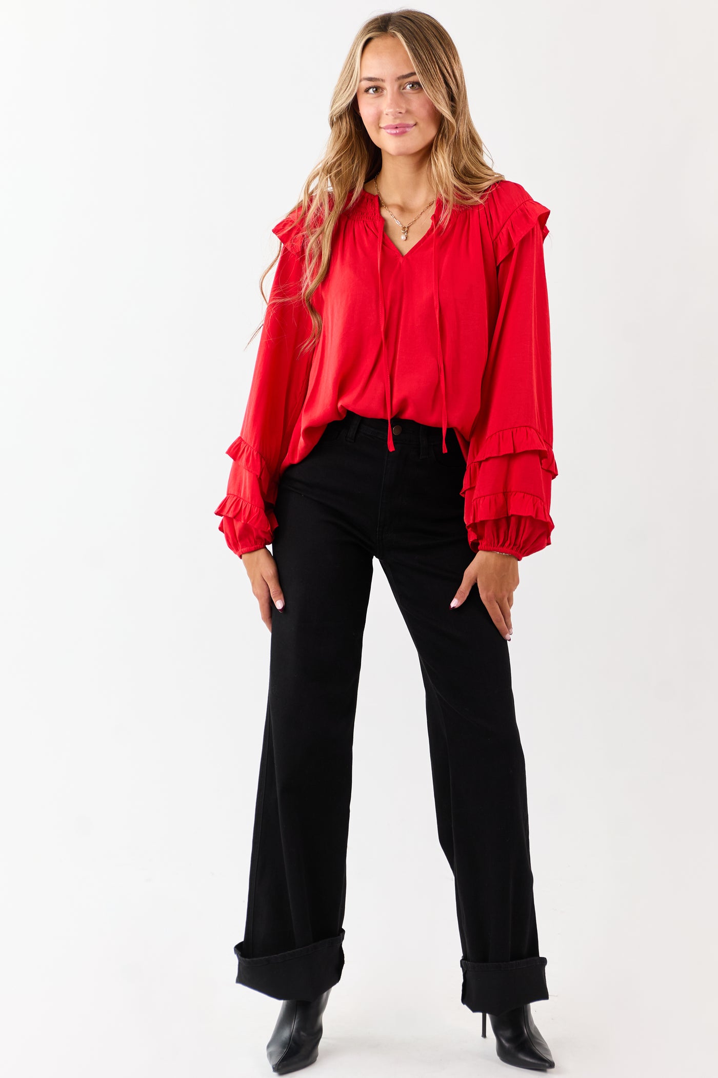 Lipstick Smocked Neck Ruffle Accent Long Sleeve Top