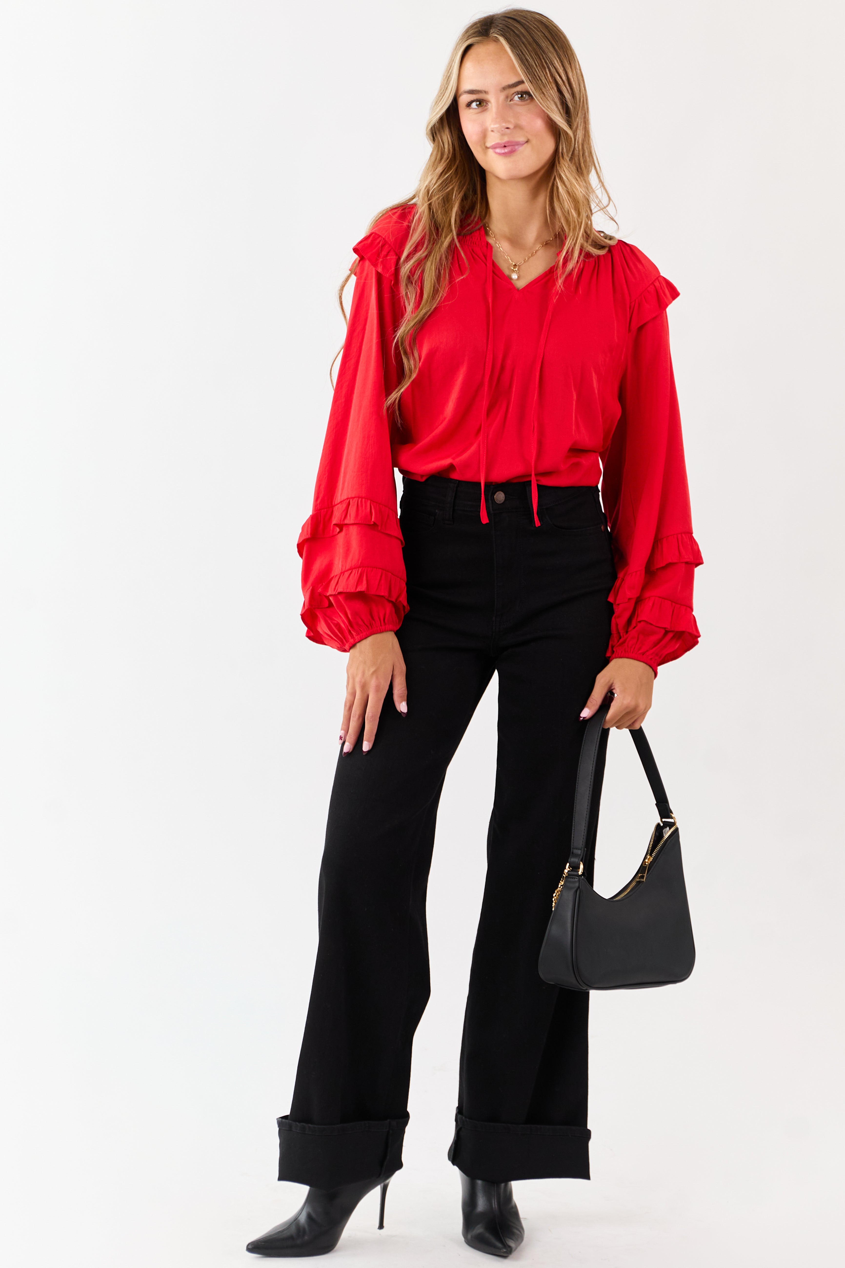 Lipstick Smocked Neck Ruffle Accent Long Sleeve Top