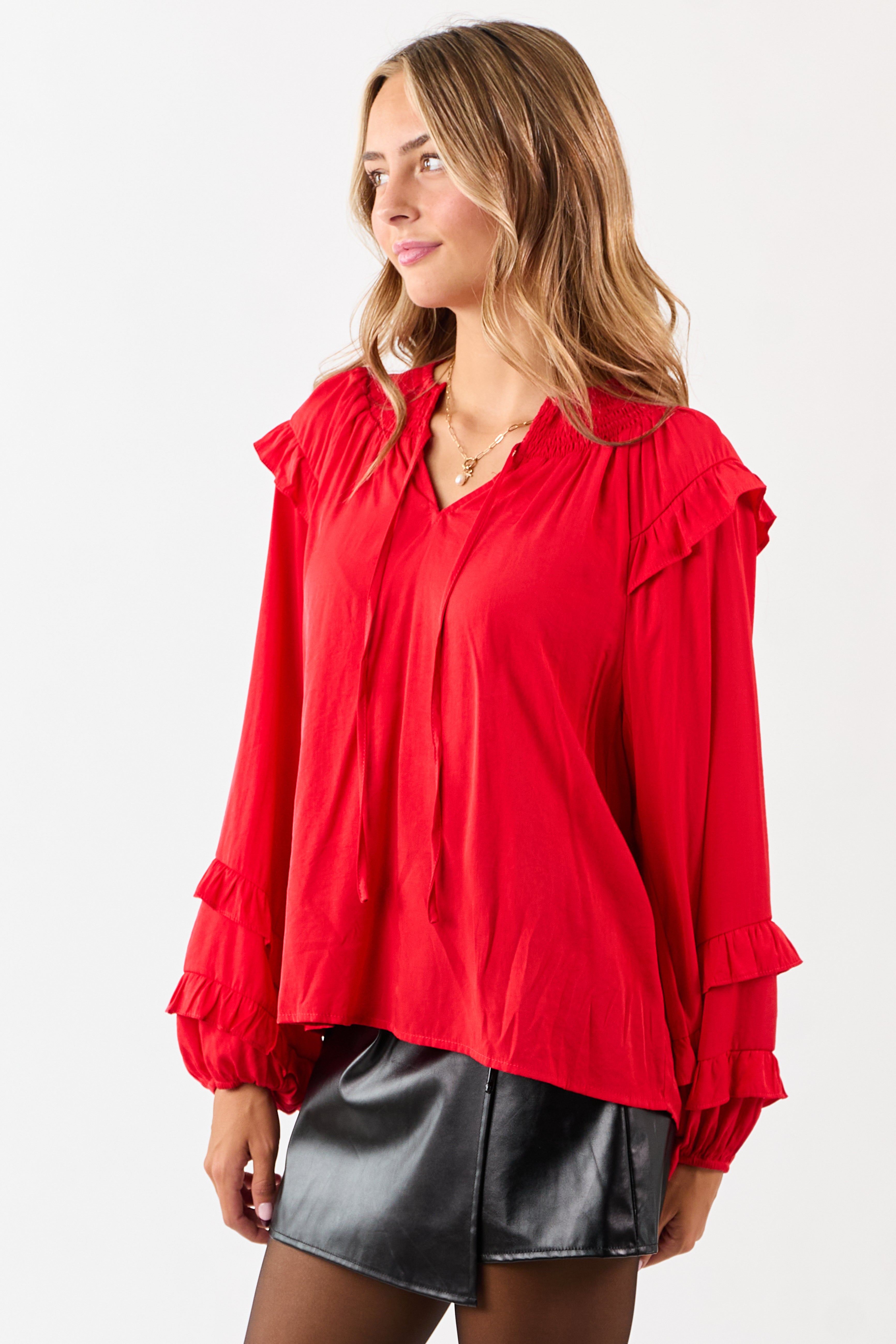 Lipstick Smocked Neck Ruffle Accent Long Sleeve Top