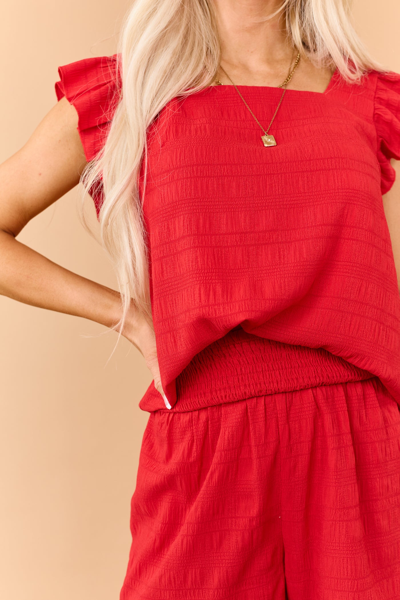 Lipstick Square Neck Top and Smocked Shorts Set