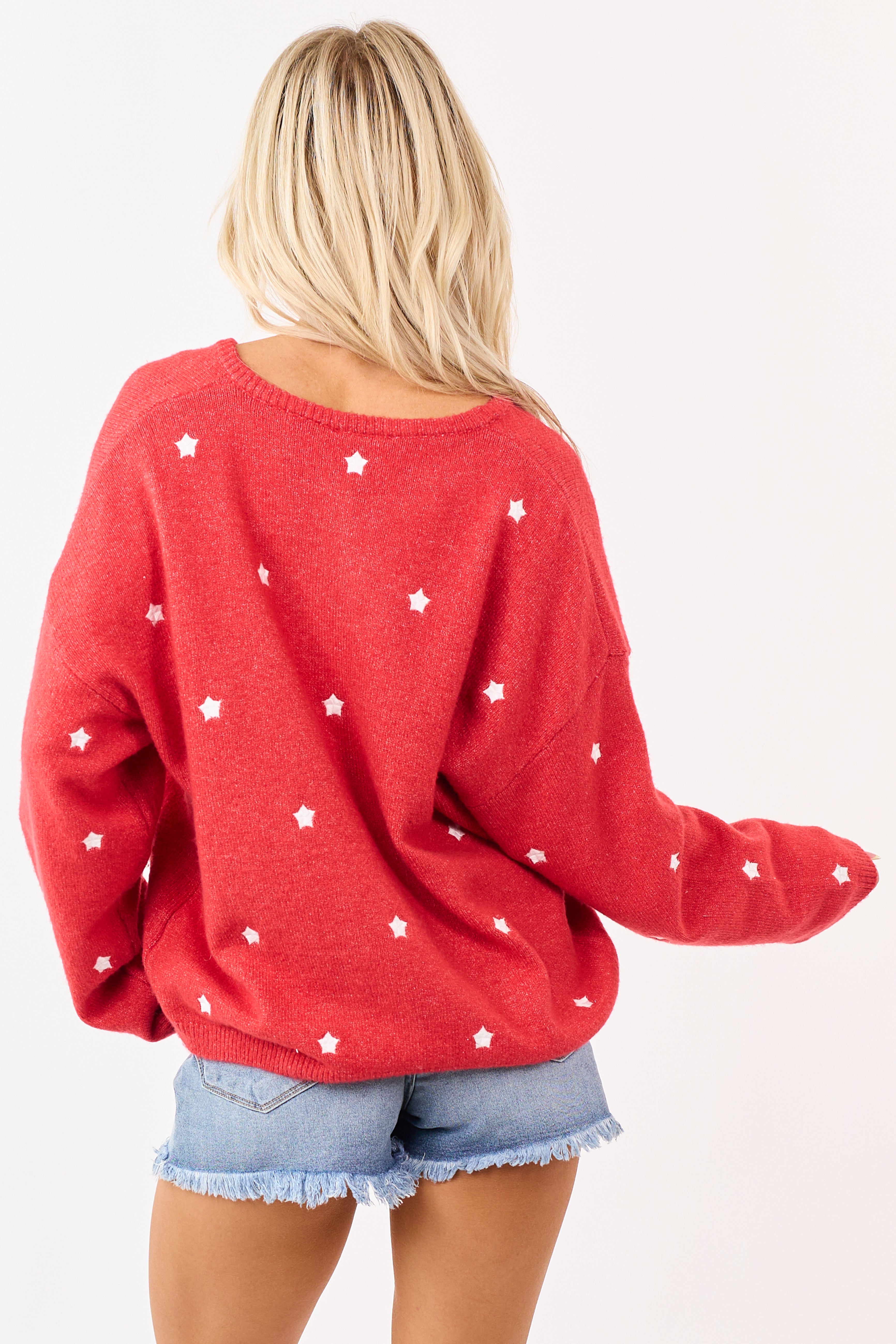 Lipstick Star Pattern Relaxed Button Up Soft Cardigan