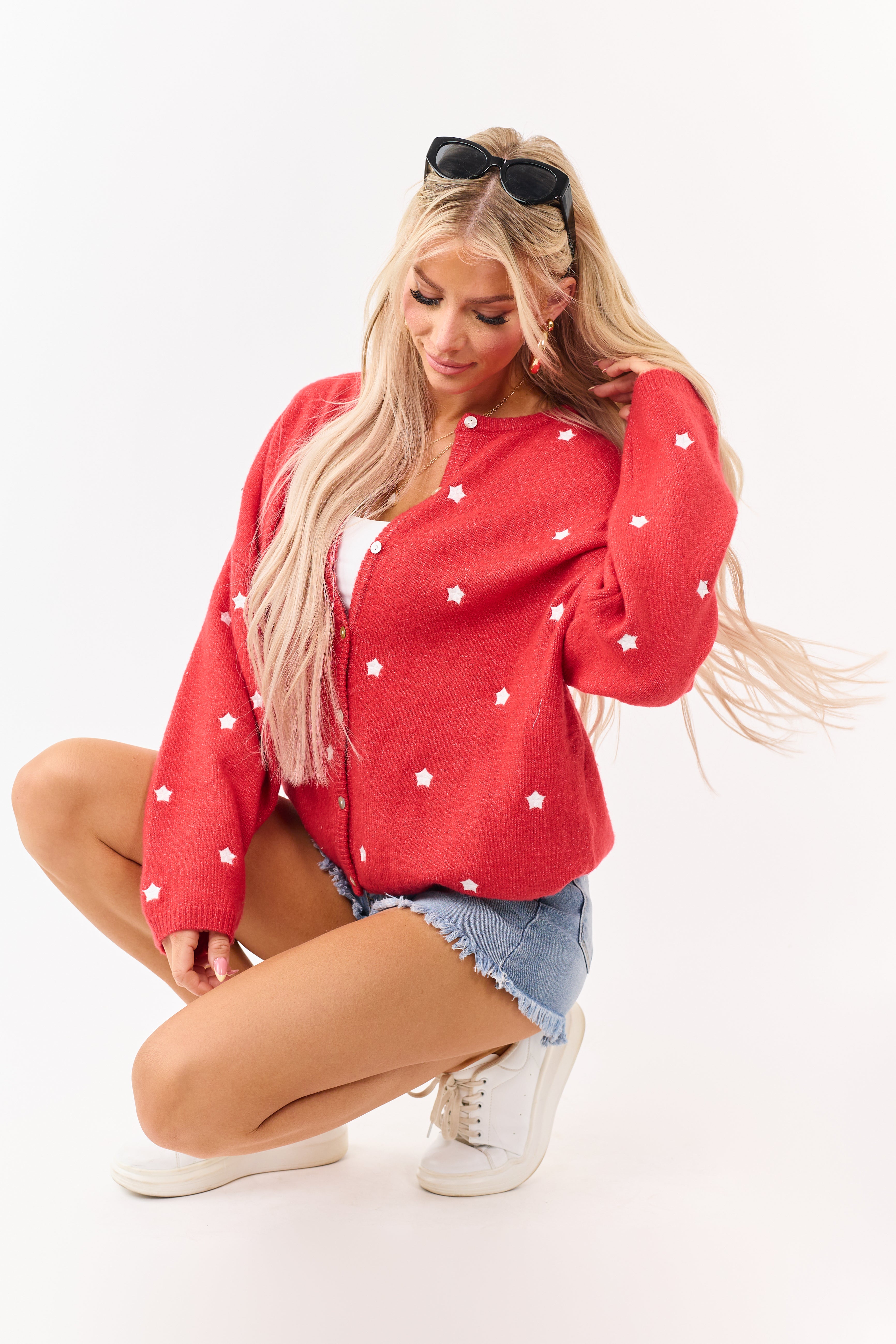 Lipstick Star Pattern Relaxed Button Up Soft Cardigan