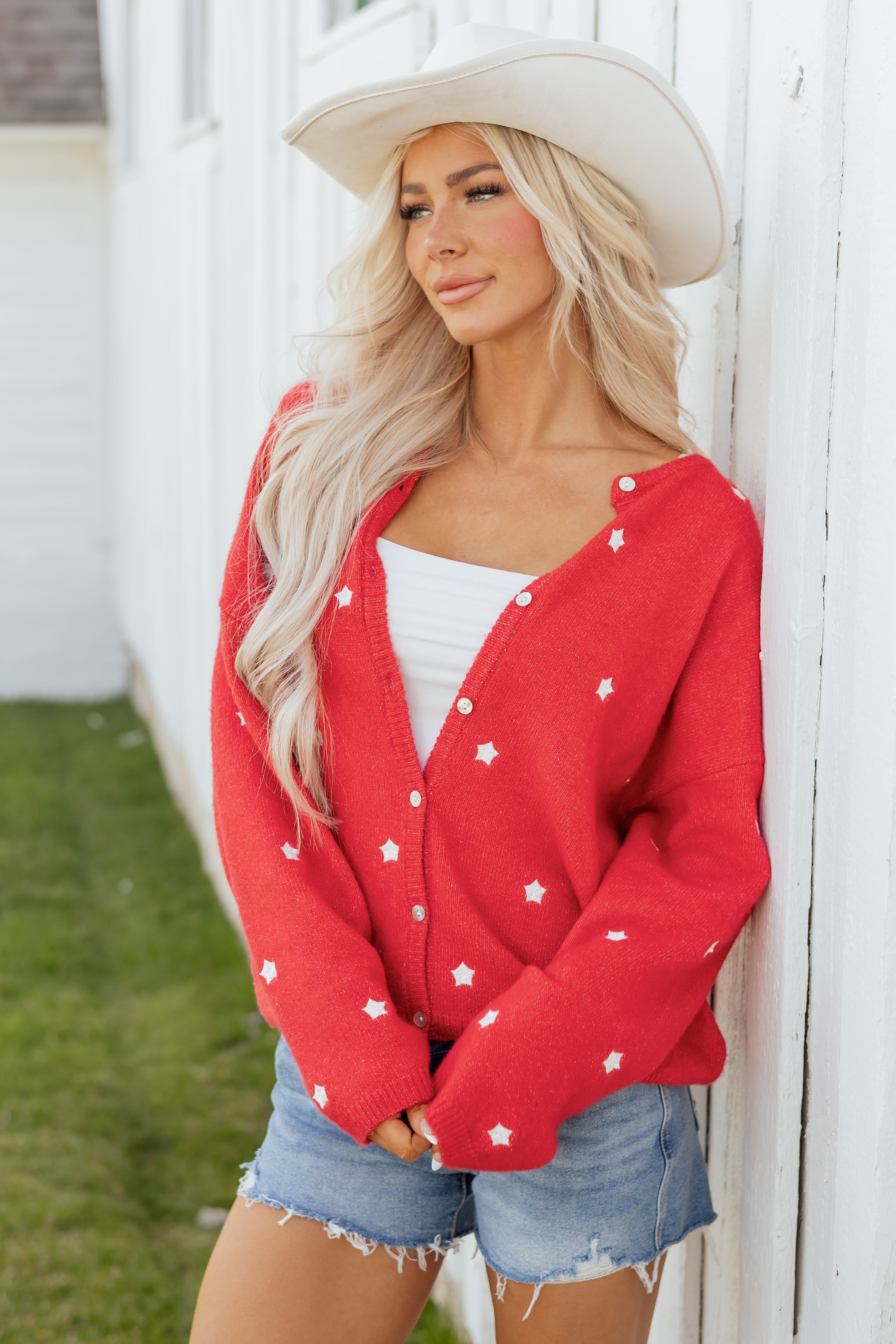 Lipstick Star Pattern Relaxed Button Up Soft Cardigan