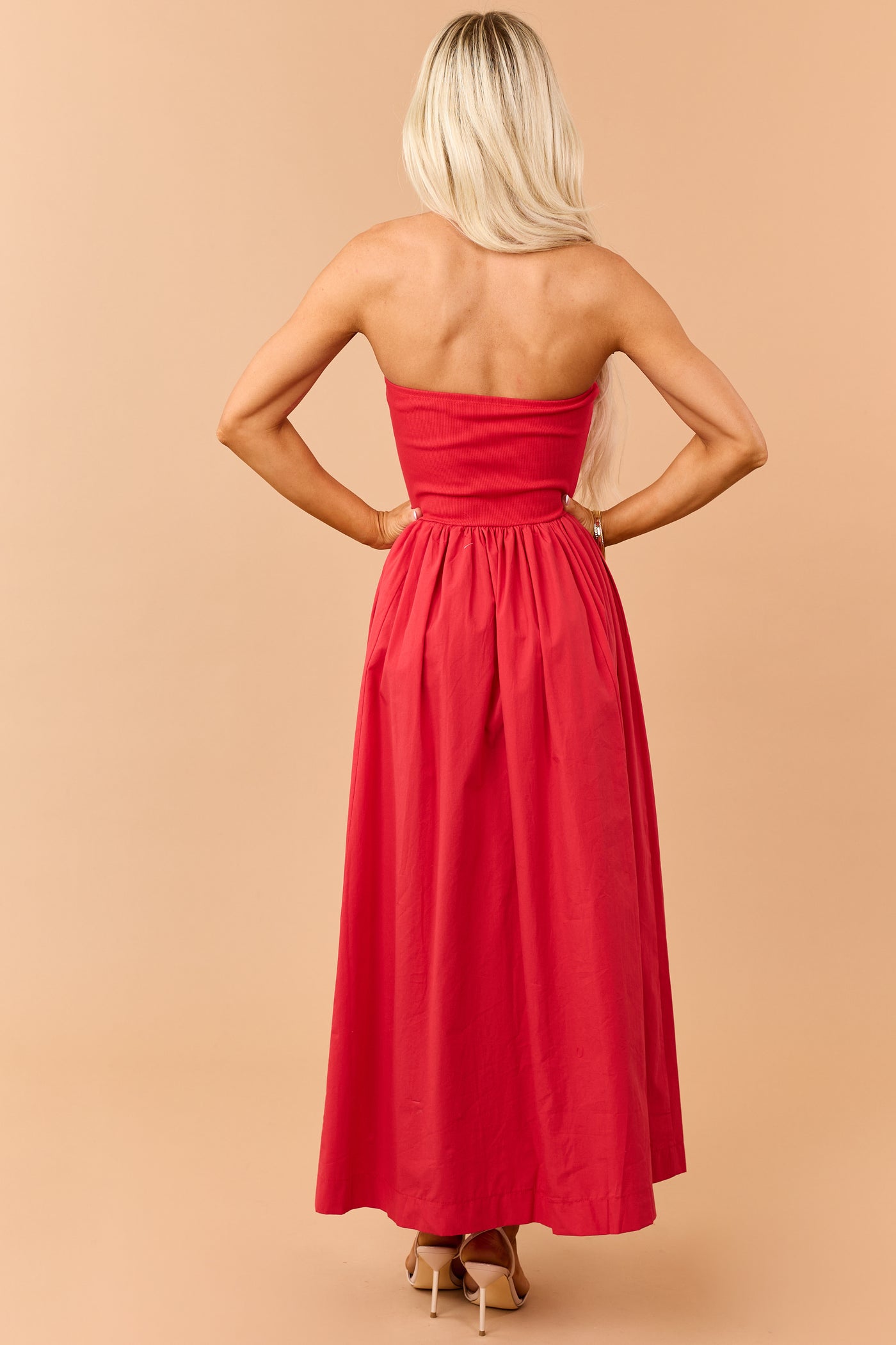 Lipstick Strapless Knit Contrast Cotton Maxi Dress