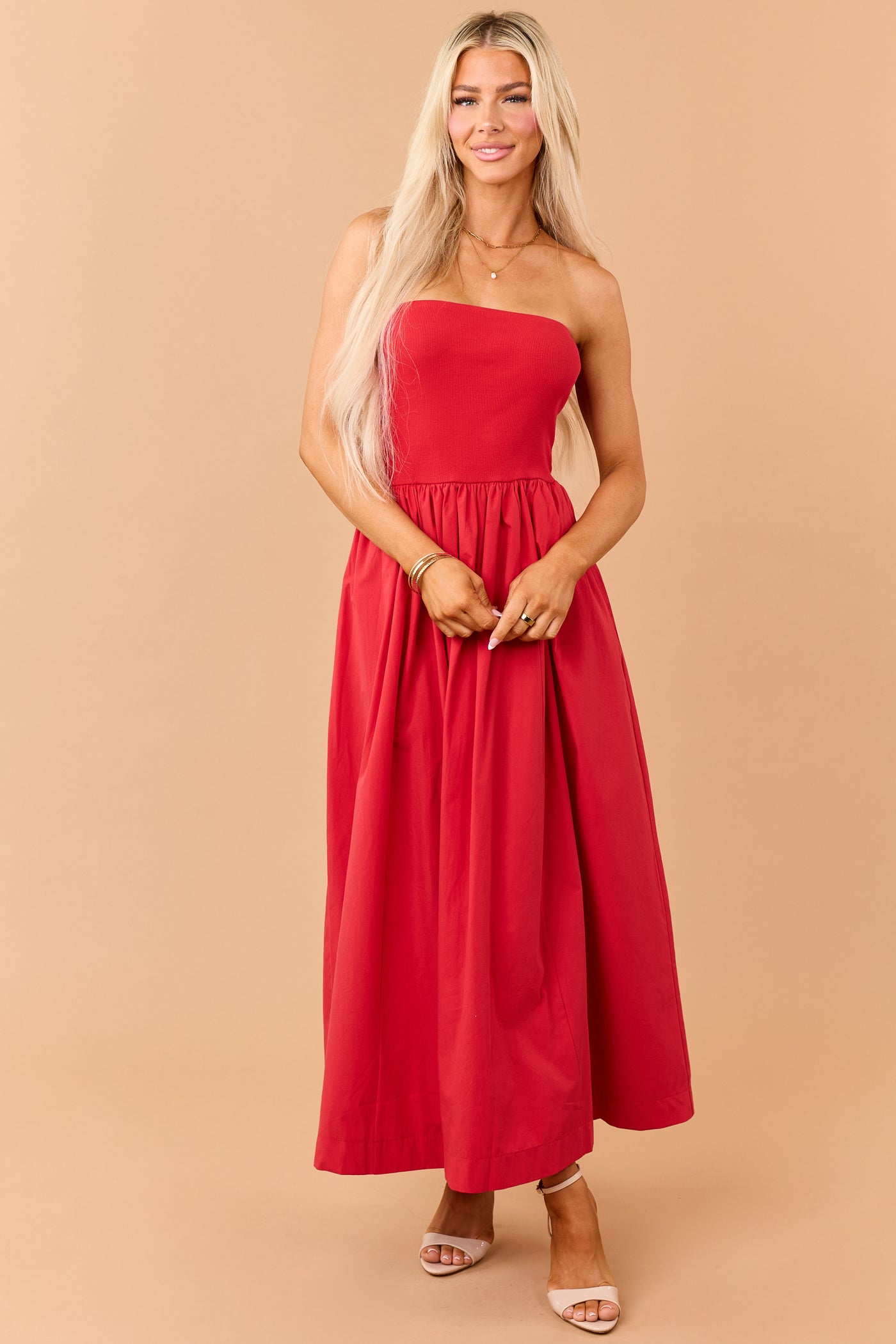 Lipstick Strapless Knit Contrast Cotton Maxi Dress