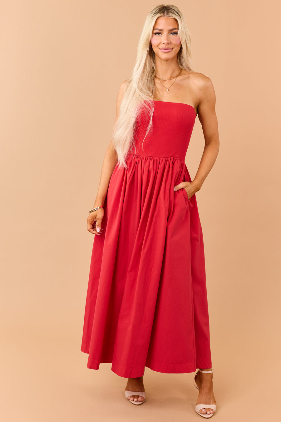 Lipstick Strapless Knit Contrast Cotton Maxi Dress