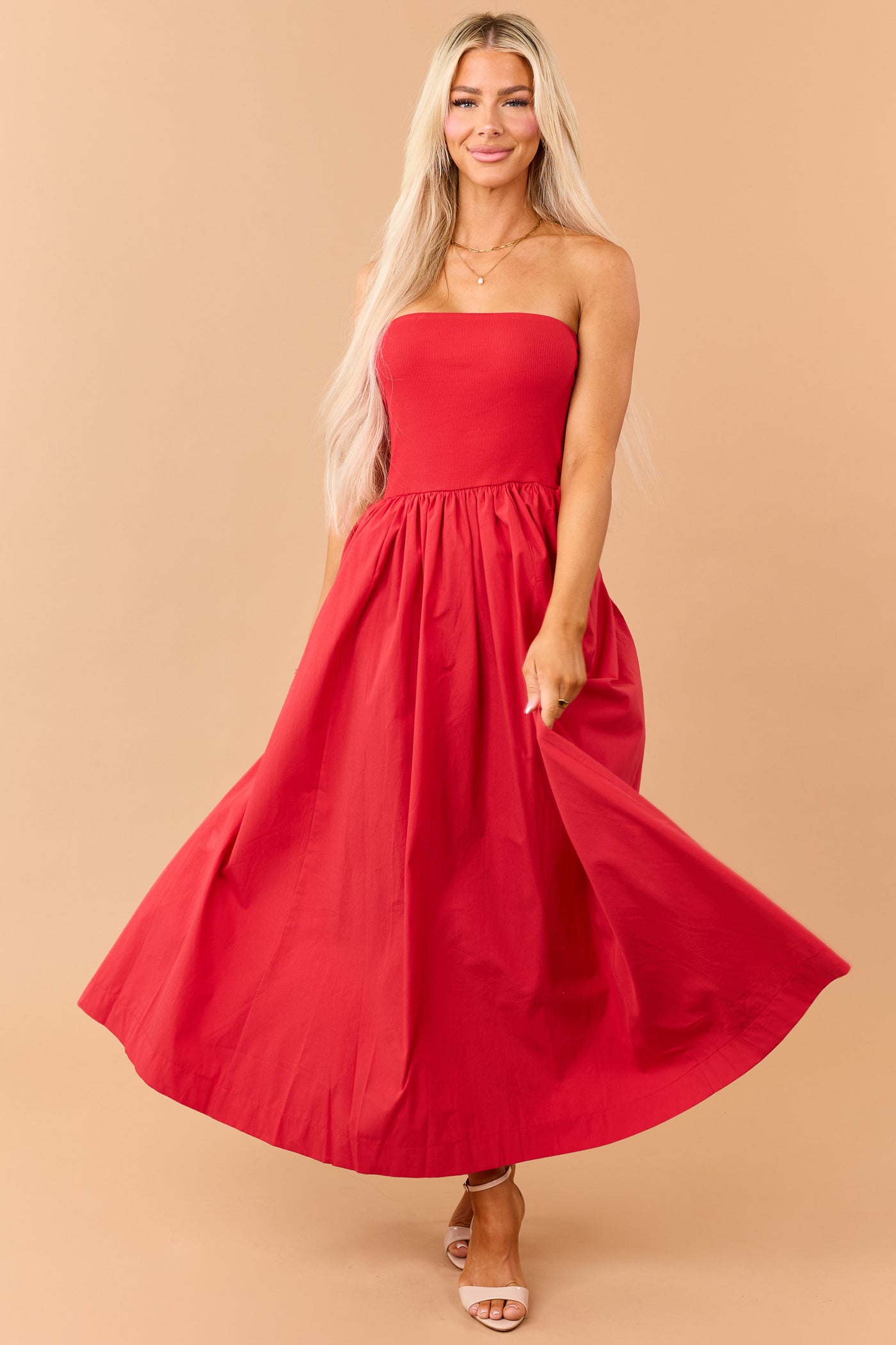 Lipstick Strapless Knit Contrast Cotton Maxi Dress