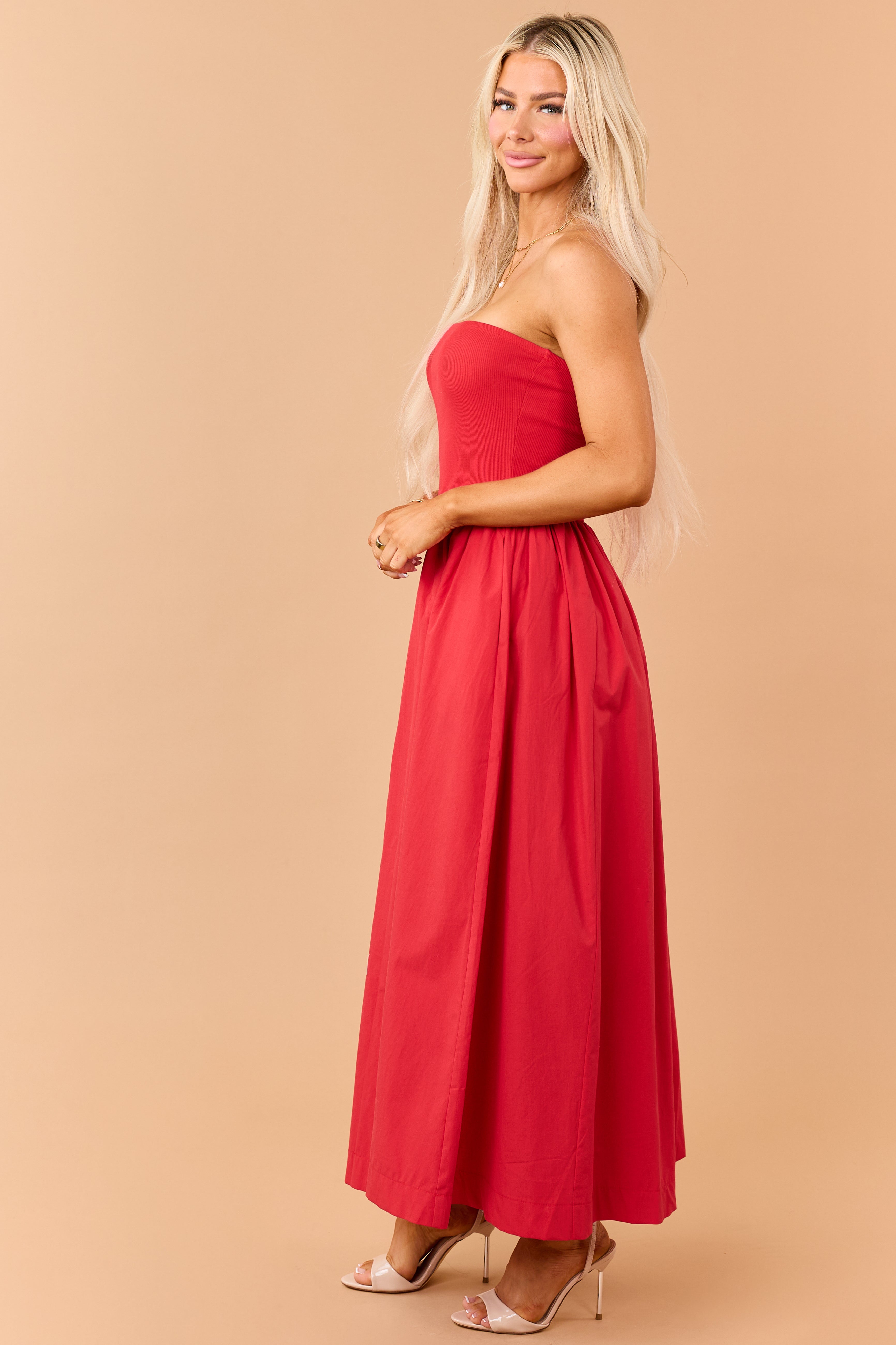 Lipstick Strapless Knit Contrast Cotton Maxi Dress