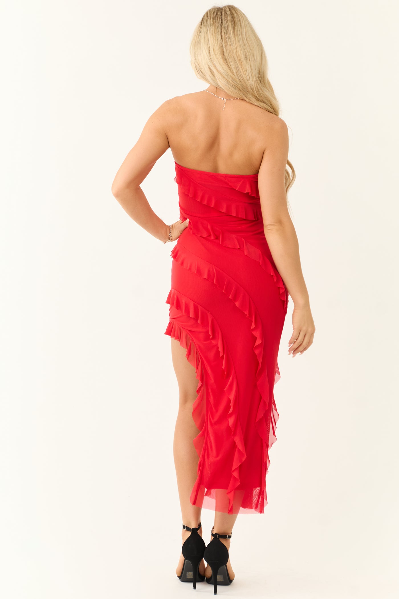 red strapless ruffle dress Lipstick Strapless Ruffle Asymmetrical Midi Dress