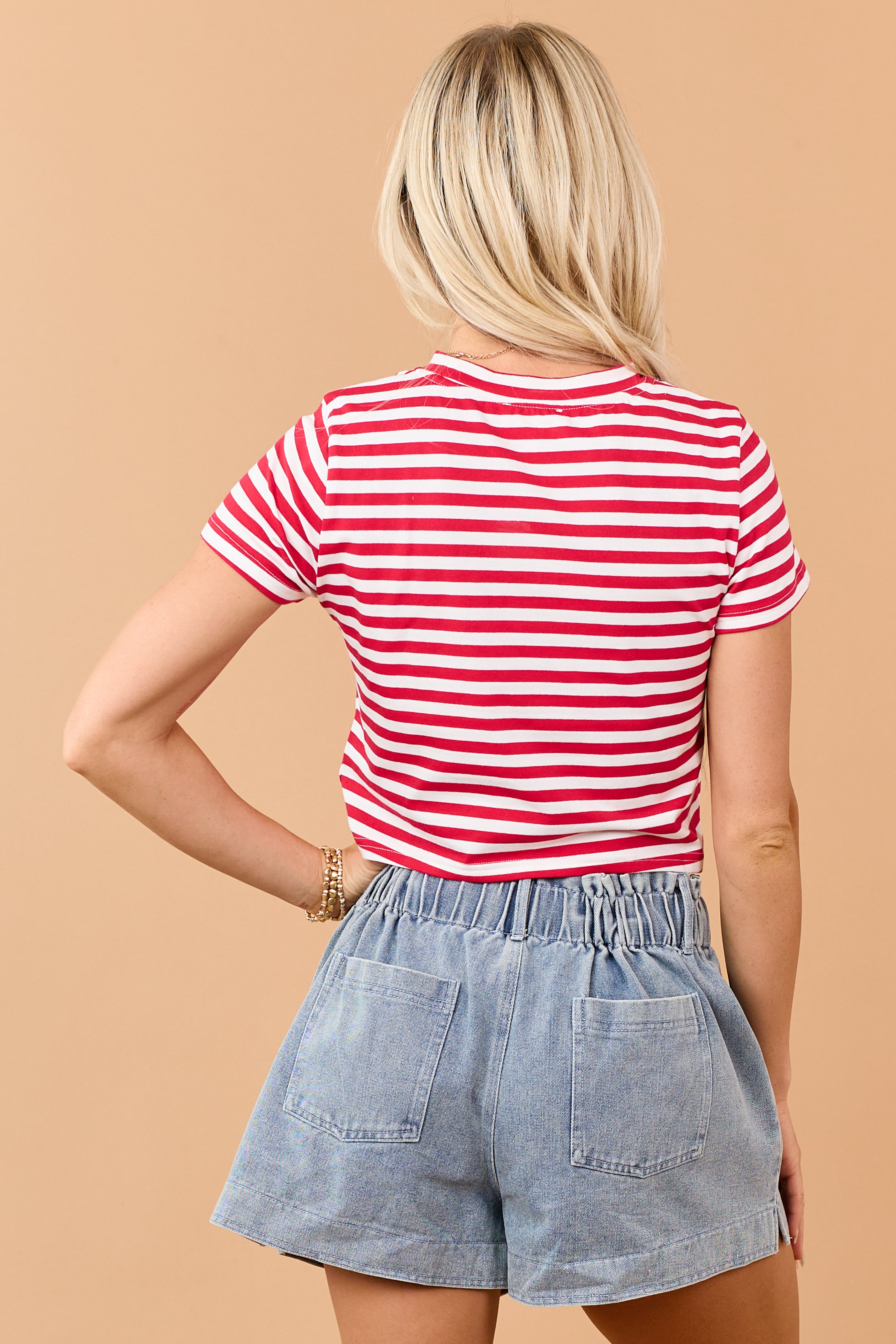 Lipstick Striped Cropped Short Sleeve Cotton Tee
