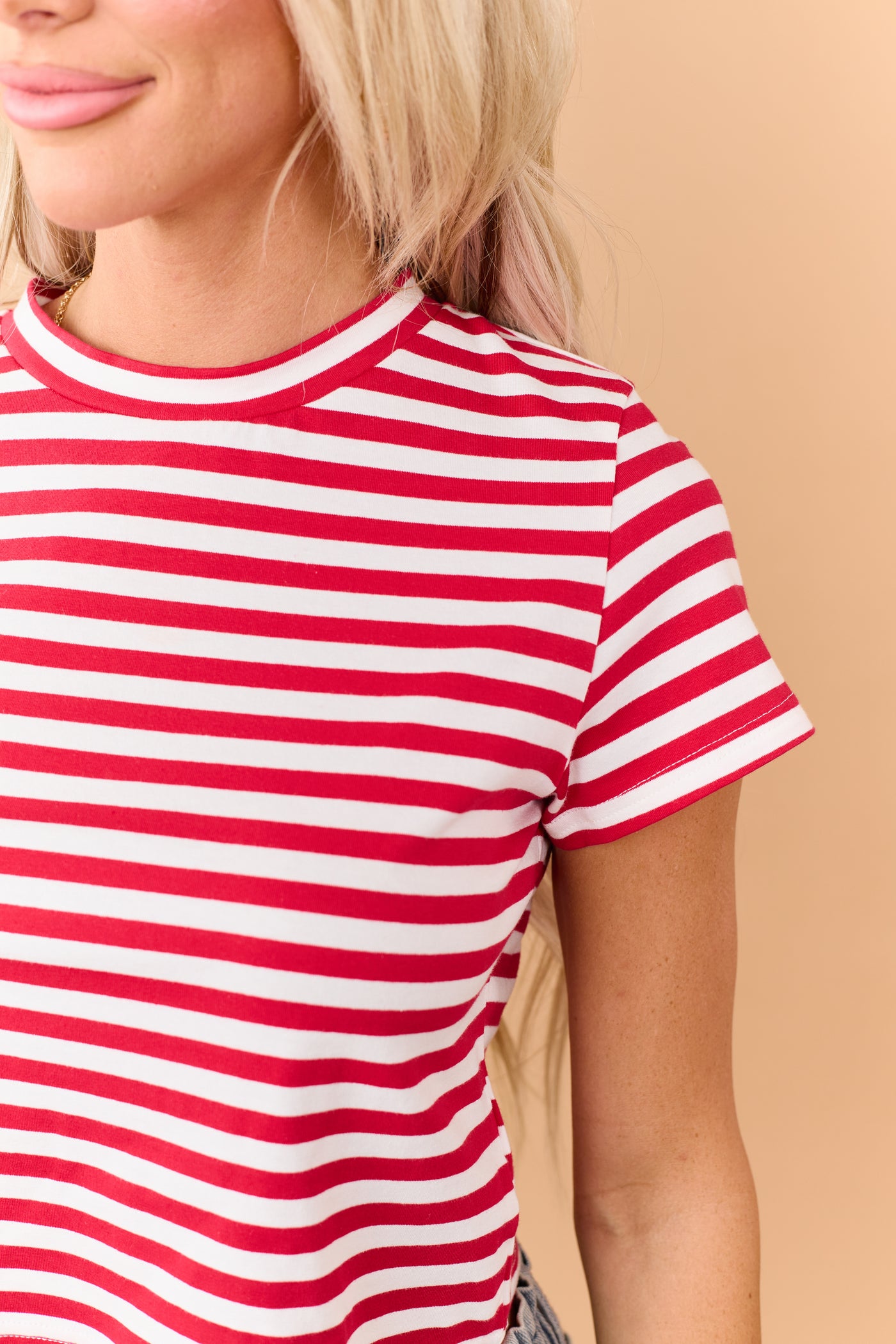 Lipstick Striped Cropped Short Sleeve Cotton Tee