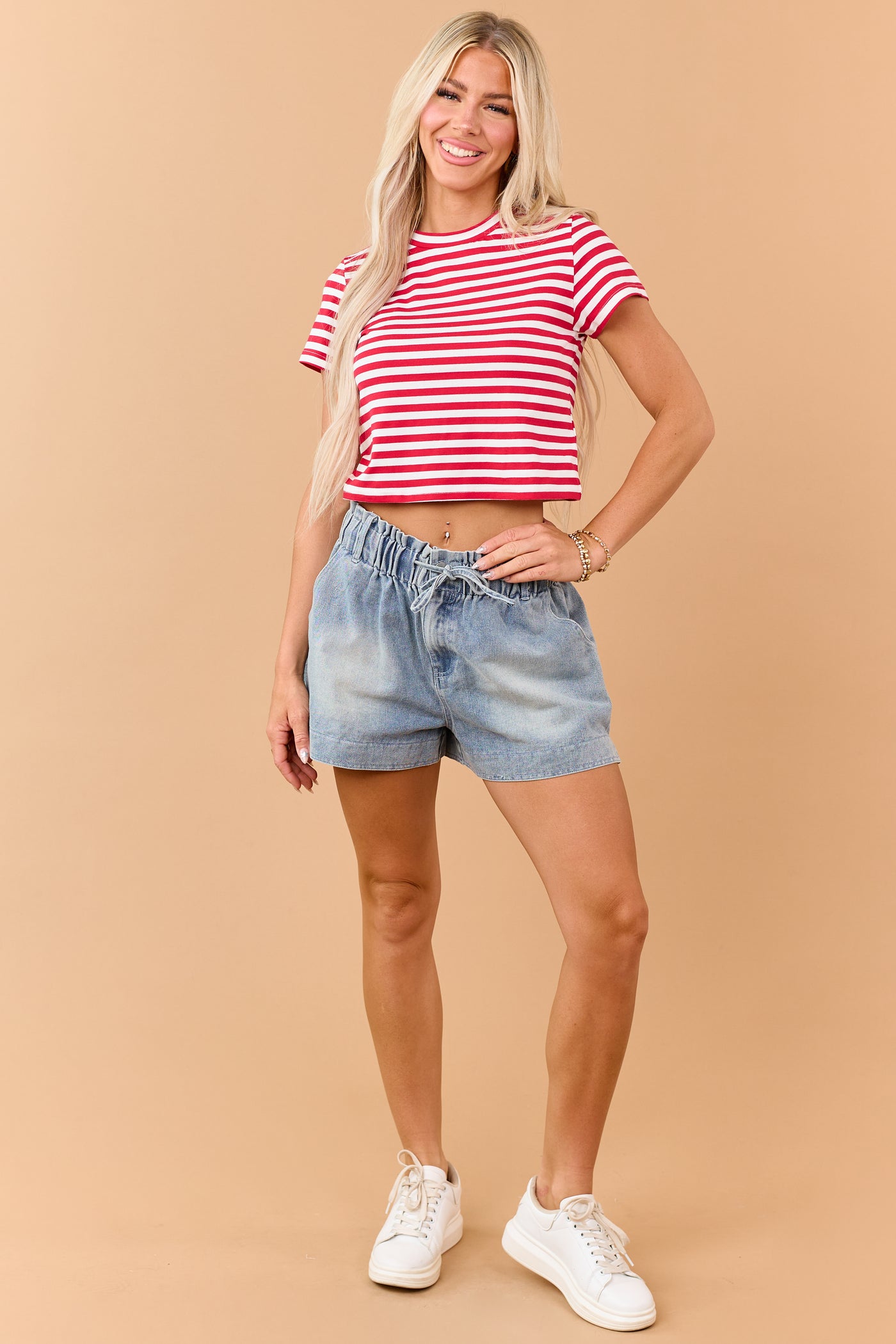 Lipstick Striped Cropped Short Sleeve Cotton Tee