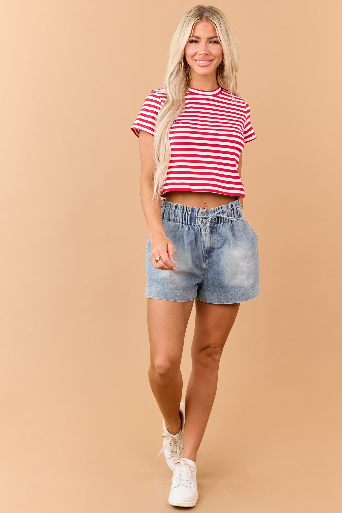 Lipstick Striped Cropped Short Sleeve Cotton Tee