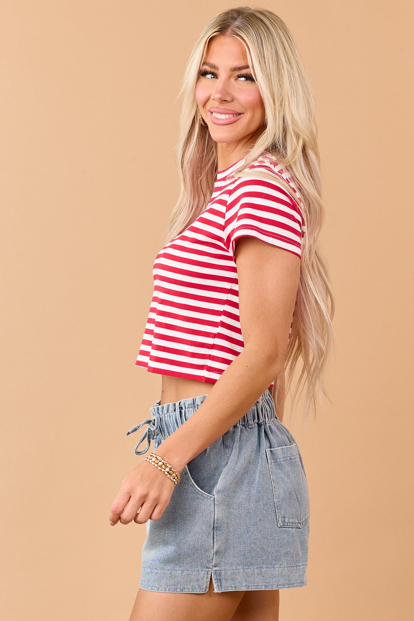 Lipstick Striped Cropped Short Sleeve Cotton Tee