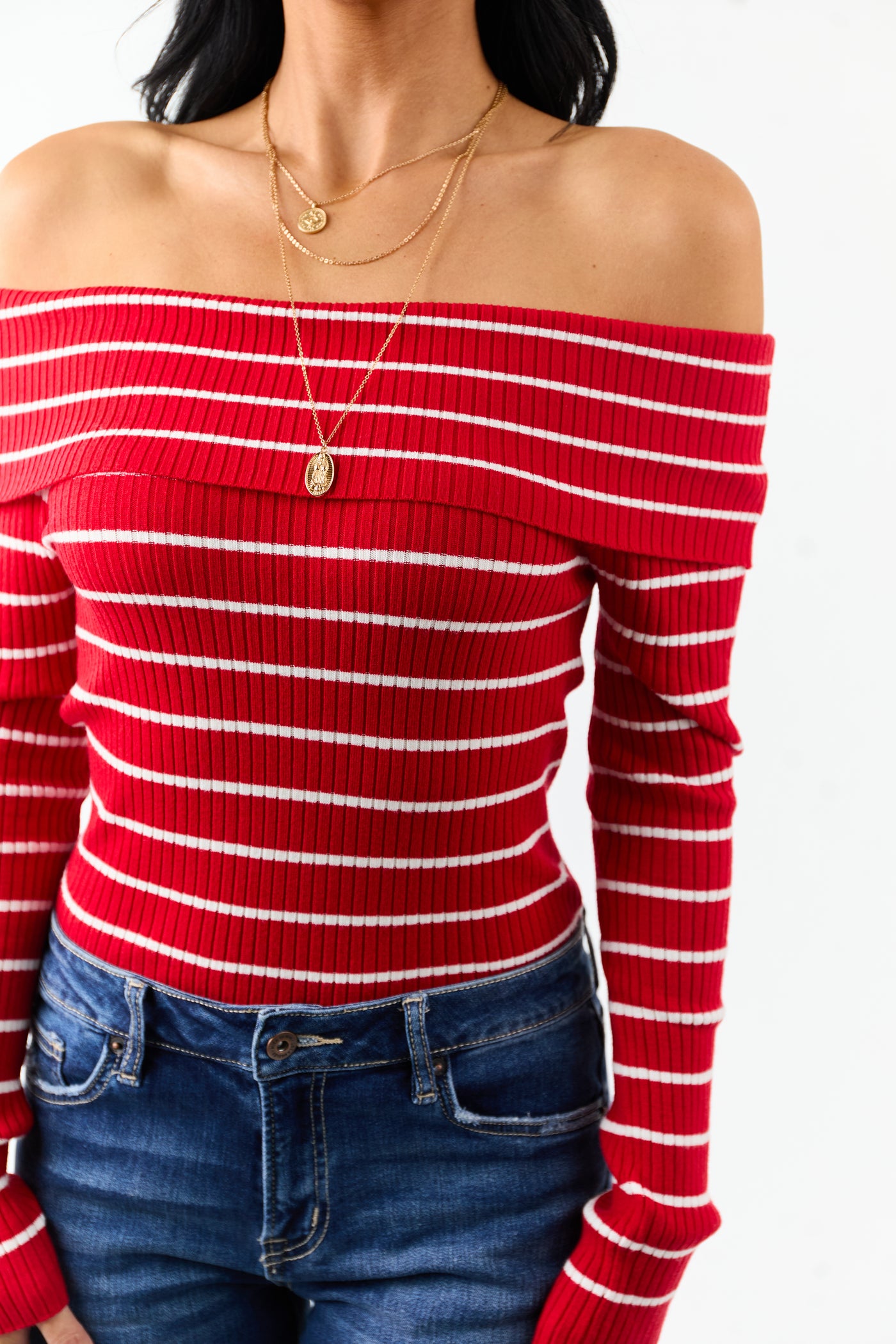 Lipstick Striped Off the Shoulder Fitted Knit Top