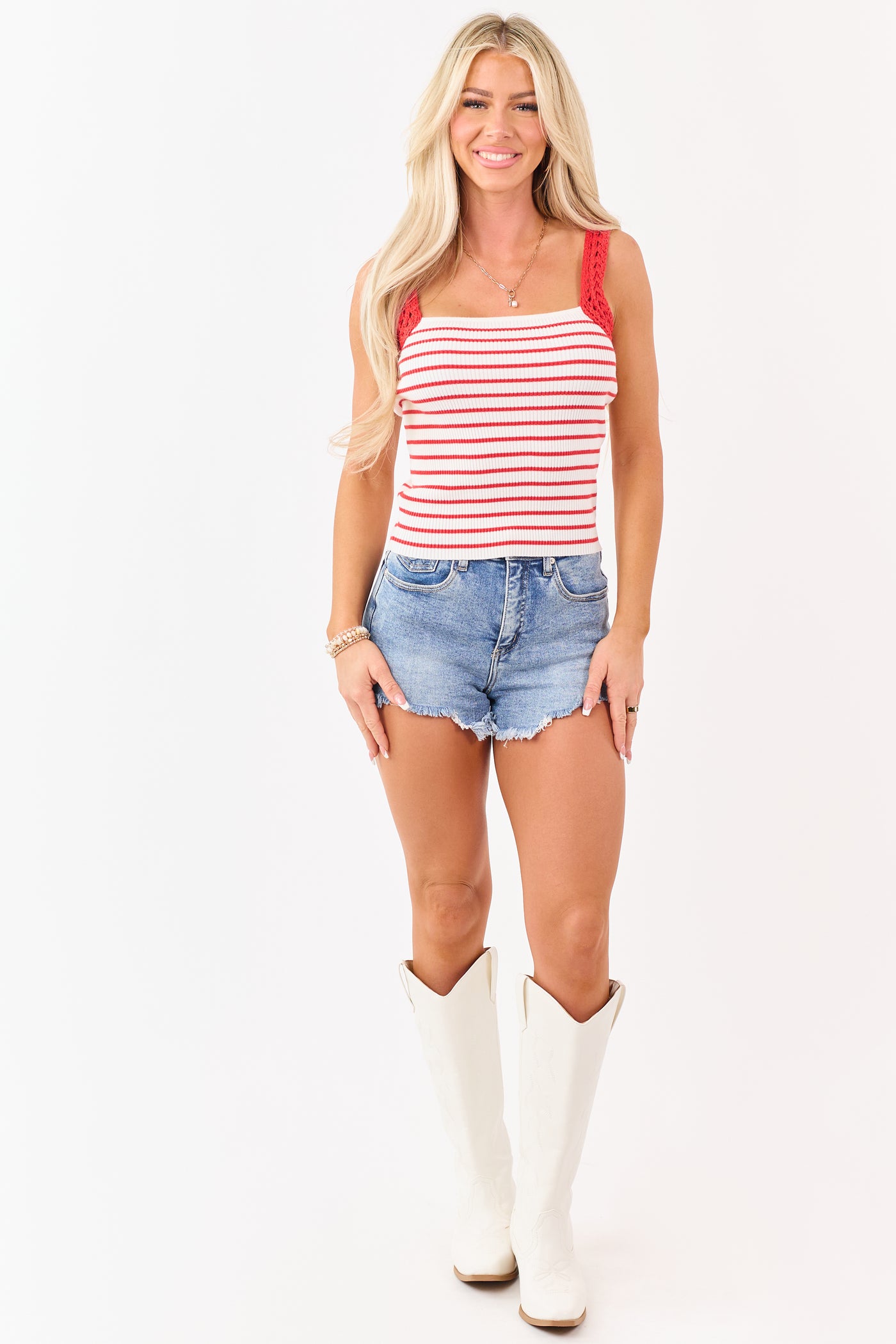 Lipstick Striped Rib Knit Crochet Strap Tank Top