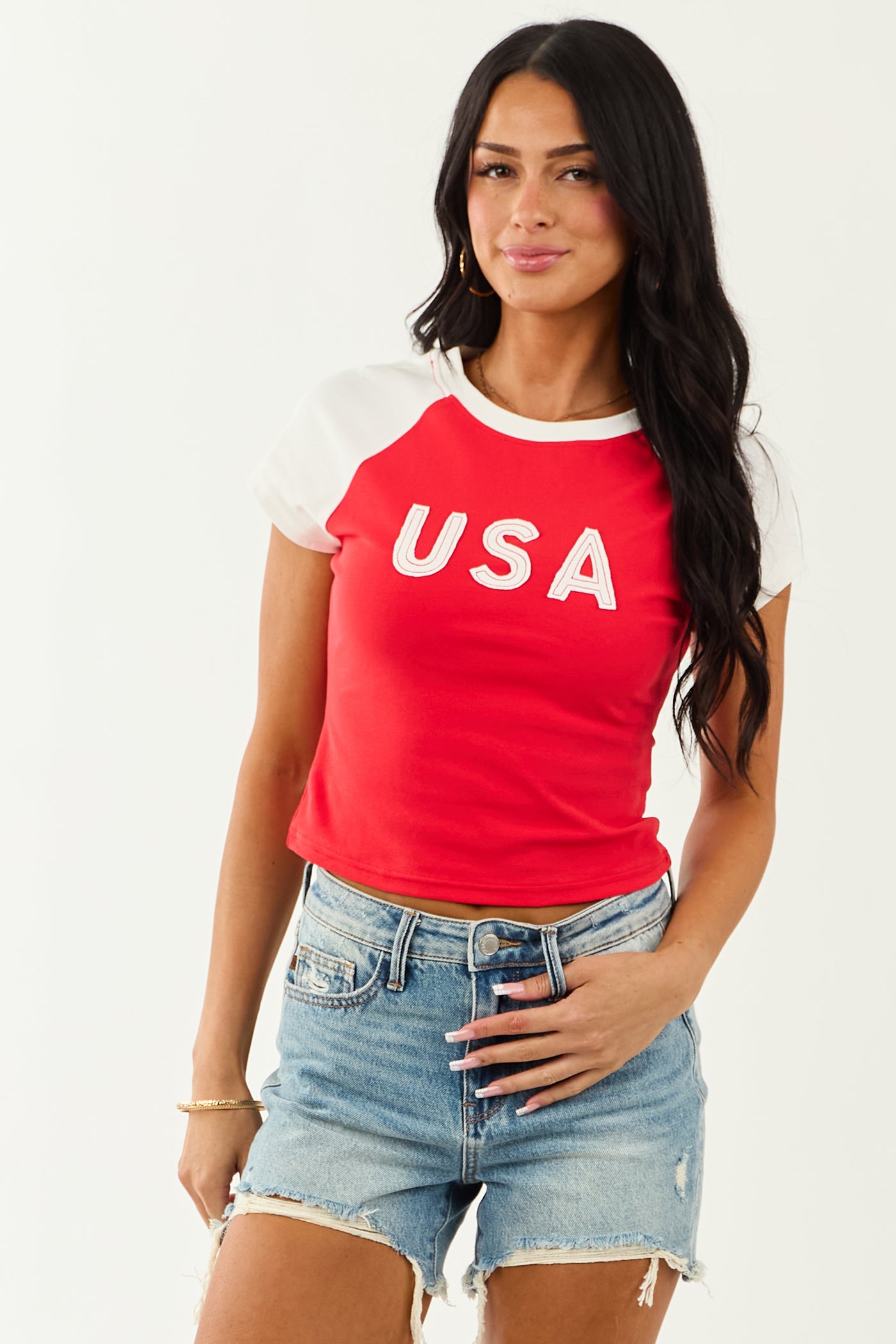 Lipstick 'USA' Patch Graphic Cap Sleeve Tee