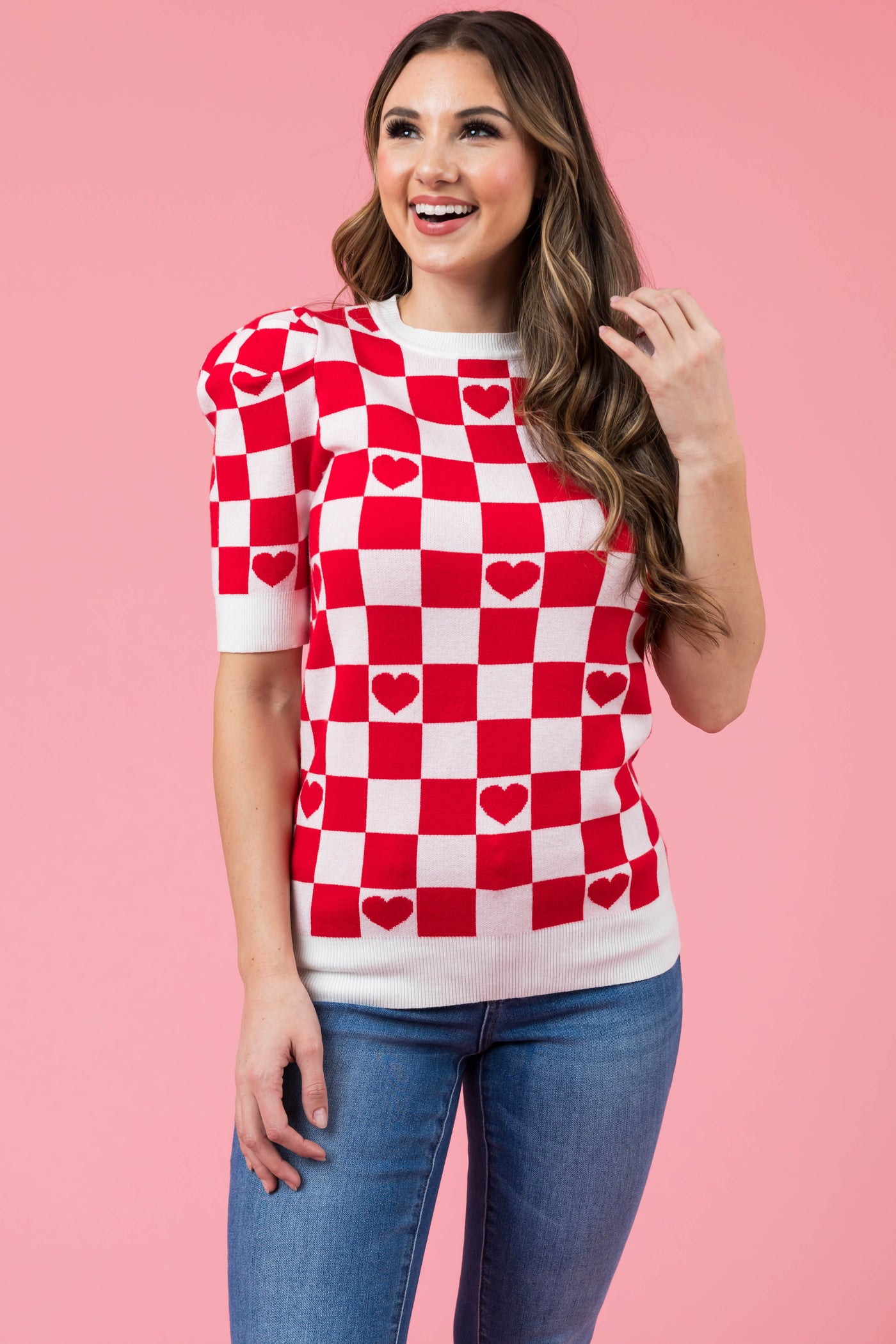Lipstick and Ivory Checkered Heart Sweater Top