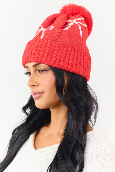 Lipstick Bow Print Pom Pom Knit Beanie