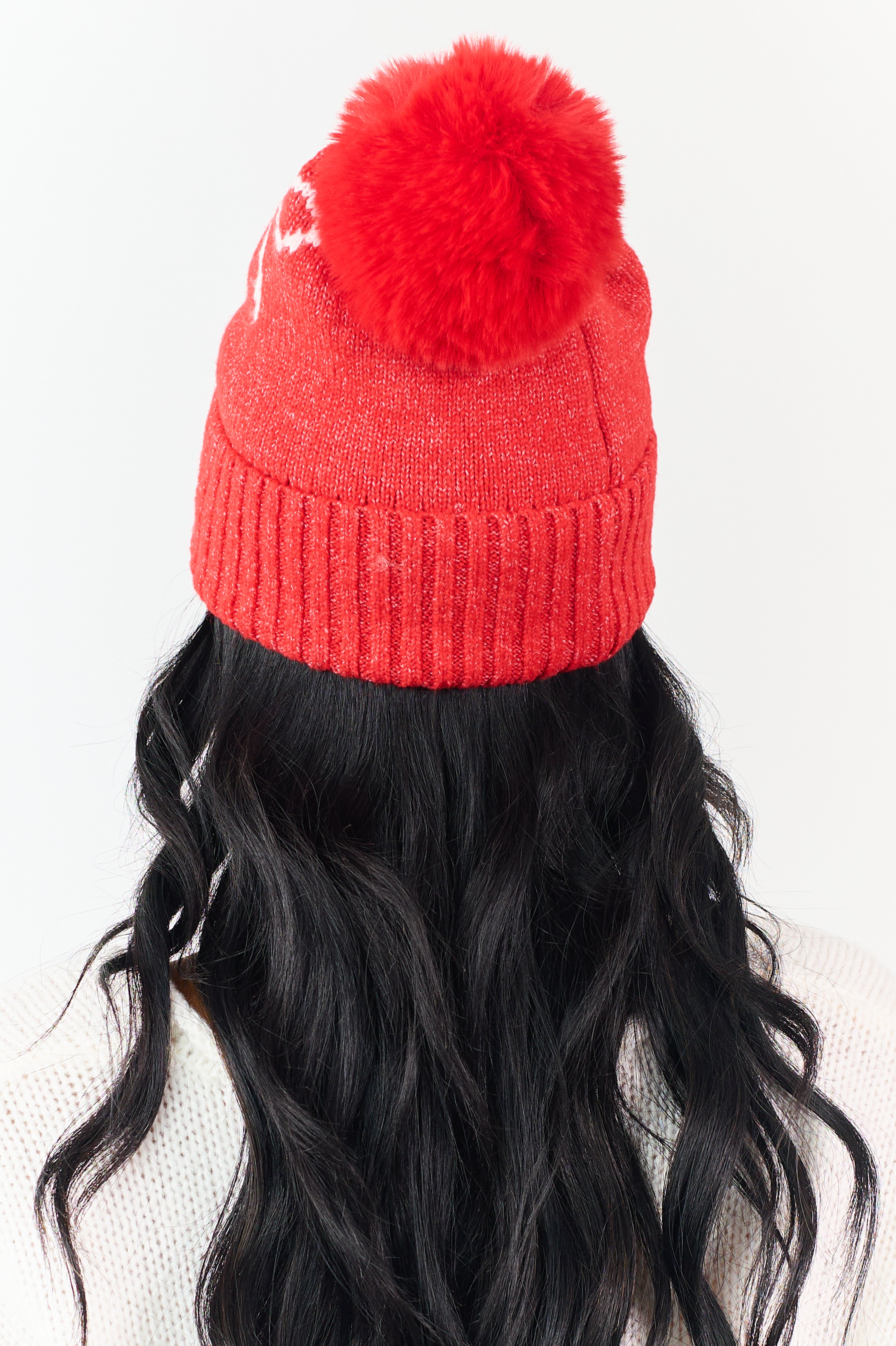 Lipstick Bow Print Pom Pom Knit Beanie