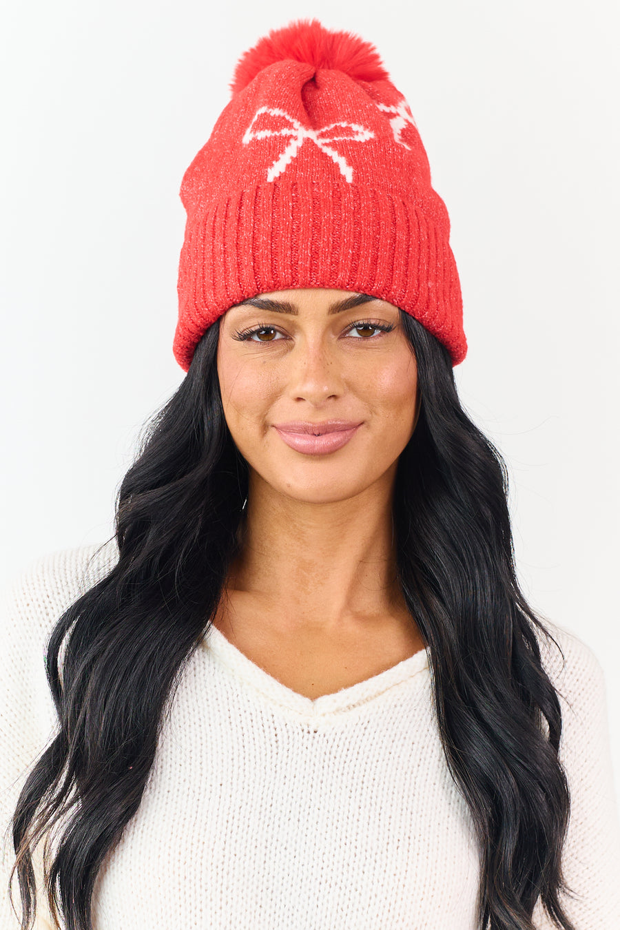 Lipstick Bow Print Pom Pom Knit Beanie