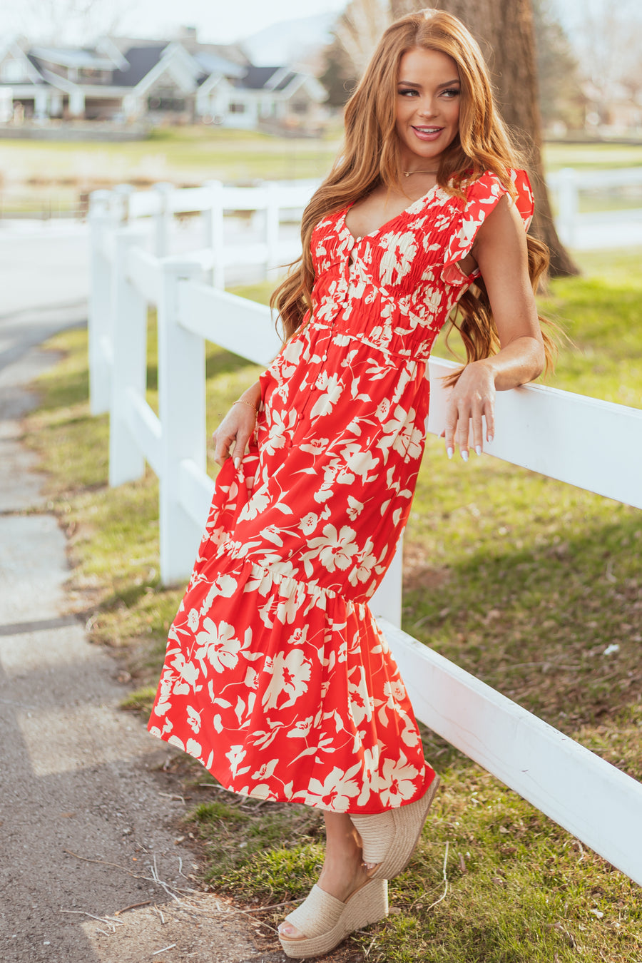 Lipstick V Neck Floral Print Button Down Midi Dress | Lime Lush Boutique