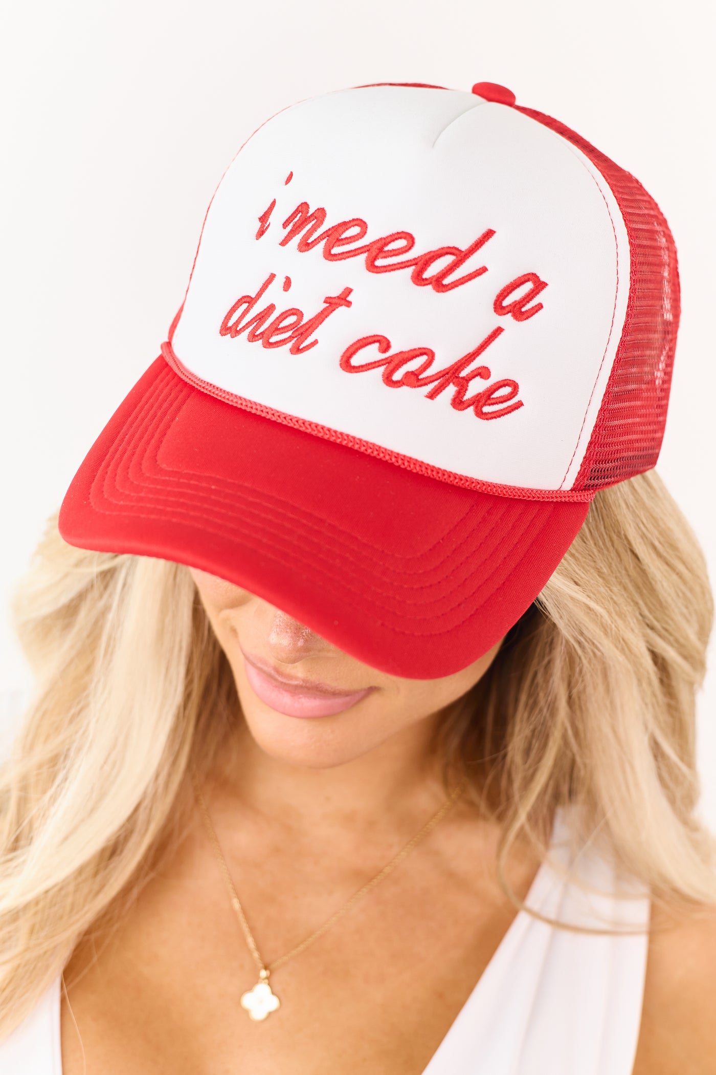 Lipstick 'I need a diet soda' Embroidered Trucker Hat