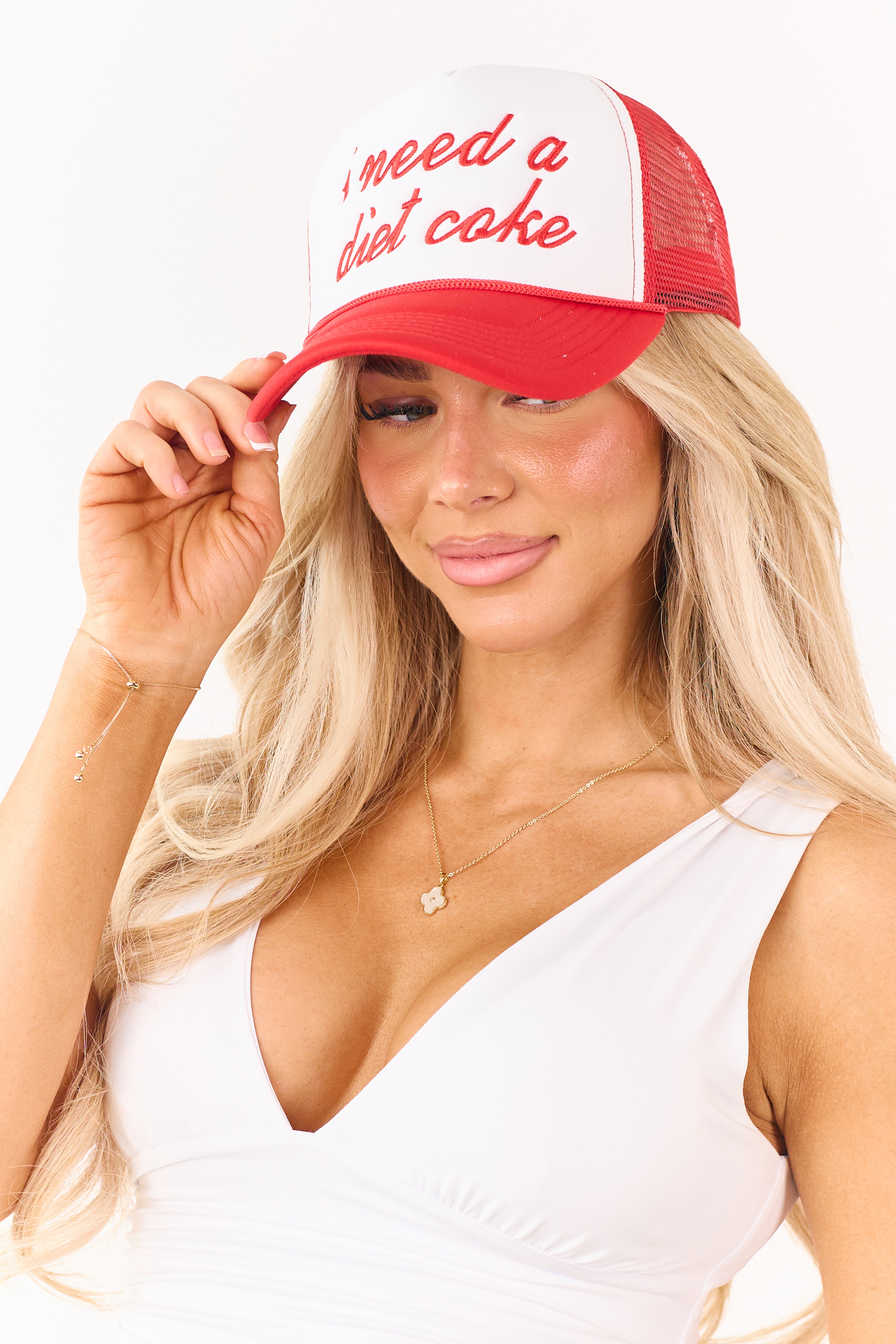 Lipstick 'I need a diet soda' Embroidered Trucker Hat