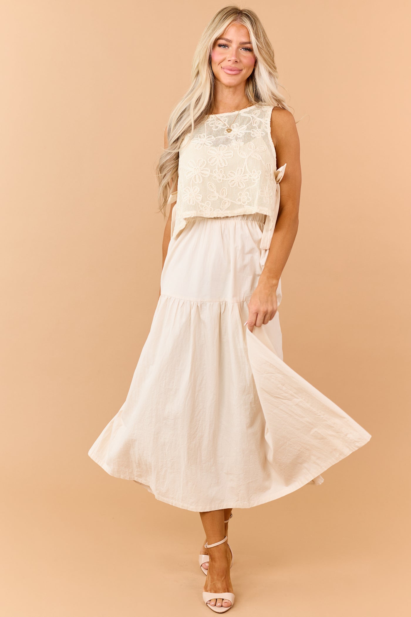 Listicle Almond Cotton Maxi Dress and Vest Set