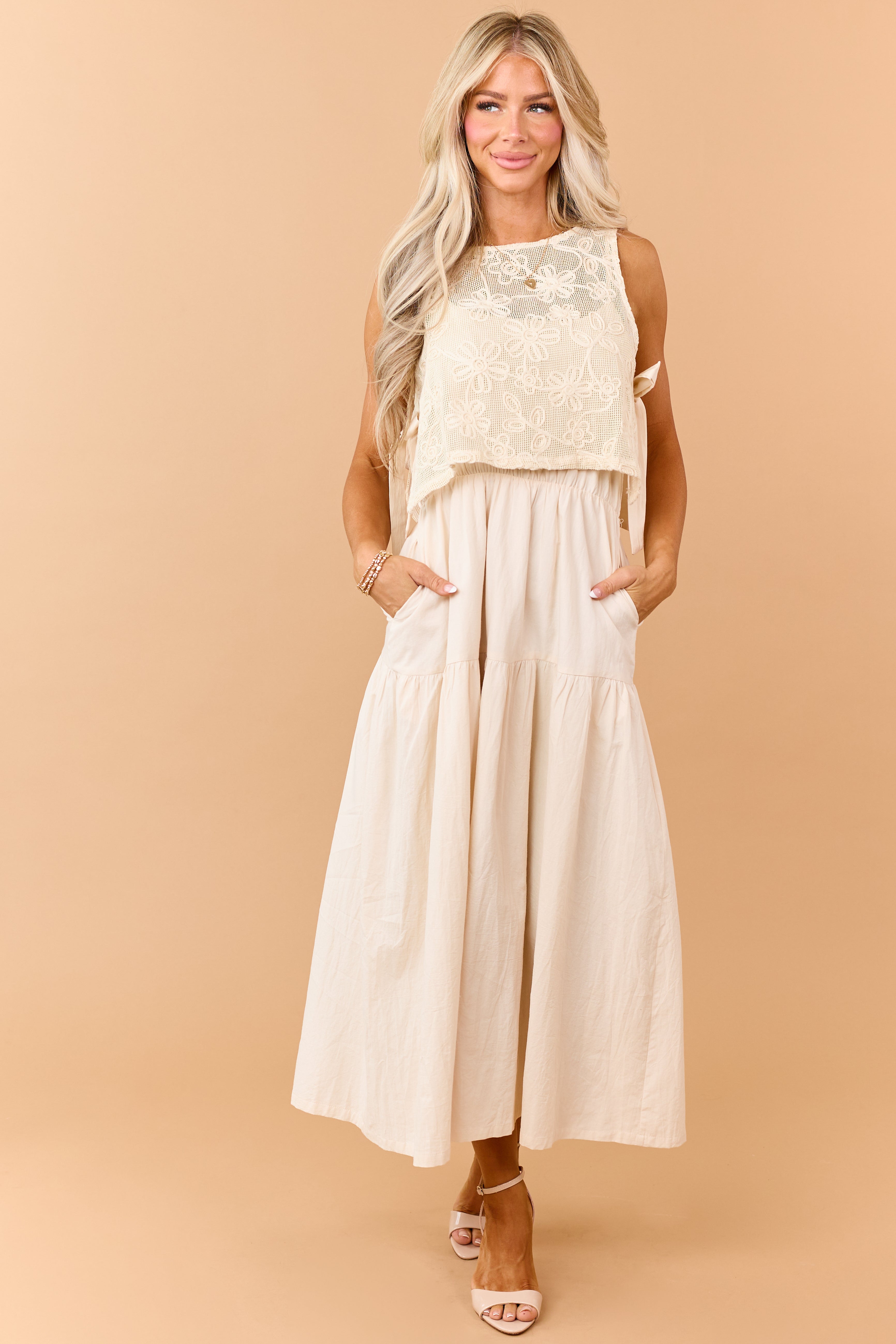 Listicle Almond Cotton Maxi Dress and Vest Set