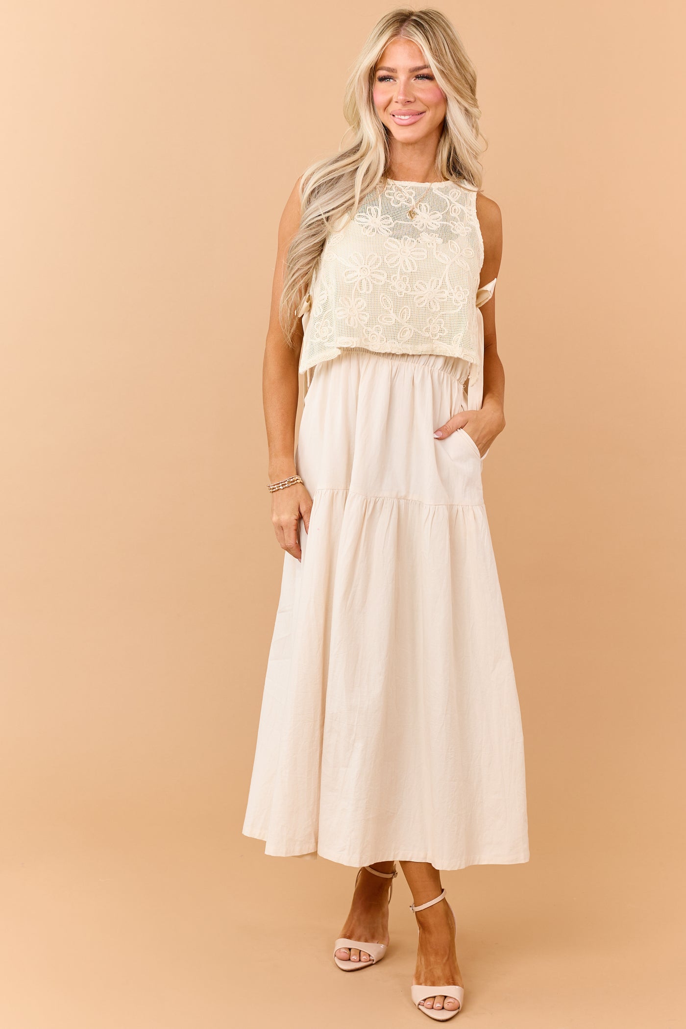 Listicle Almond Cotton Maxi Dress and Vest Set