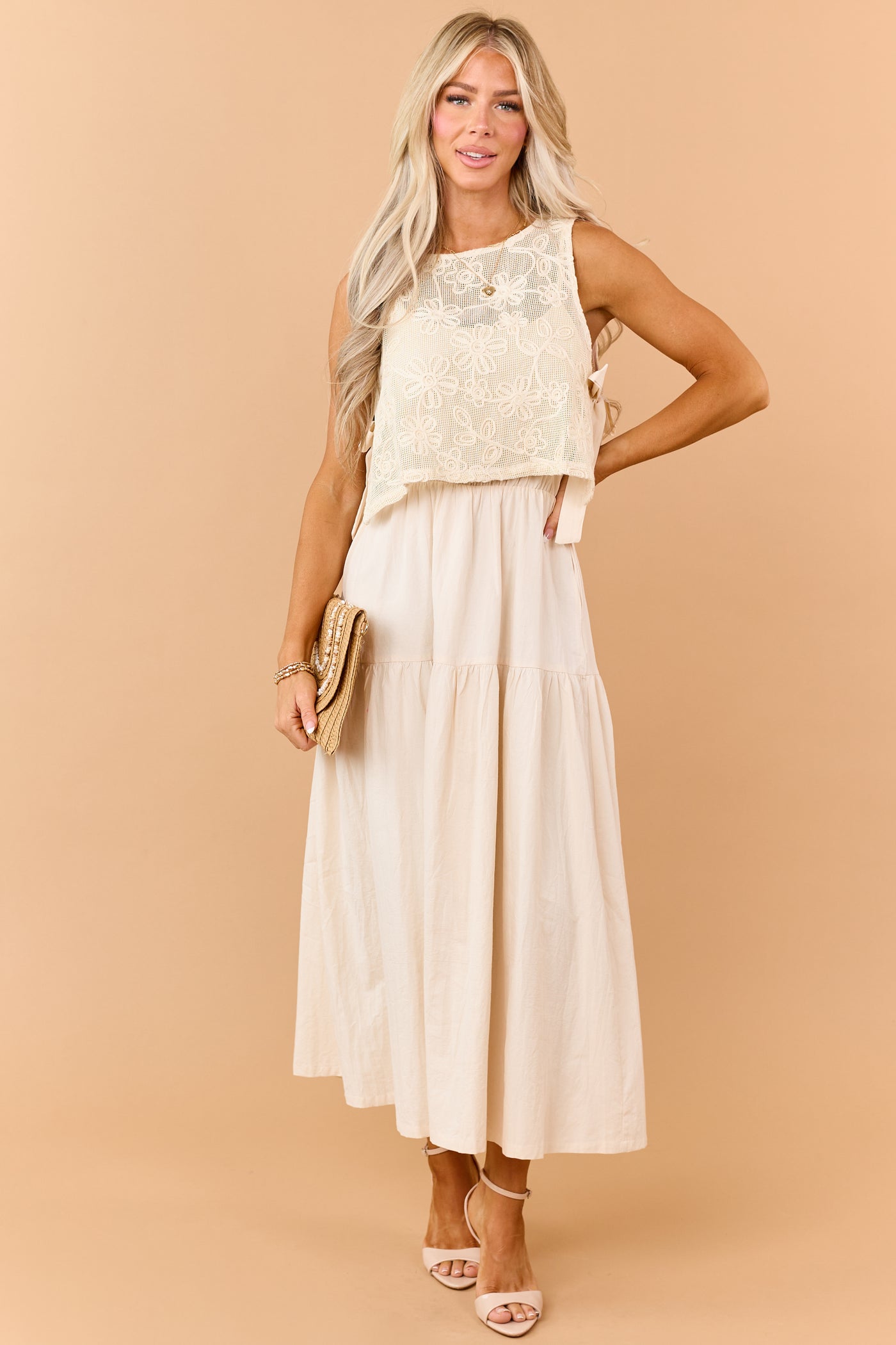 Listicle Almond Cotton Maxi Dress and Vest Set