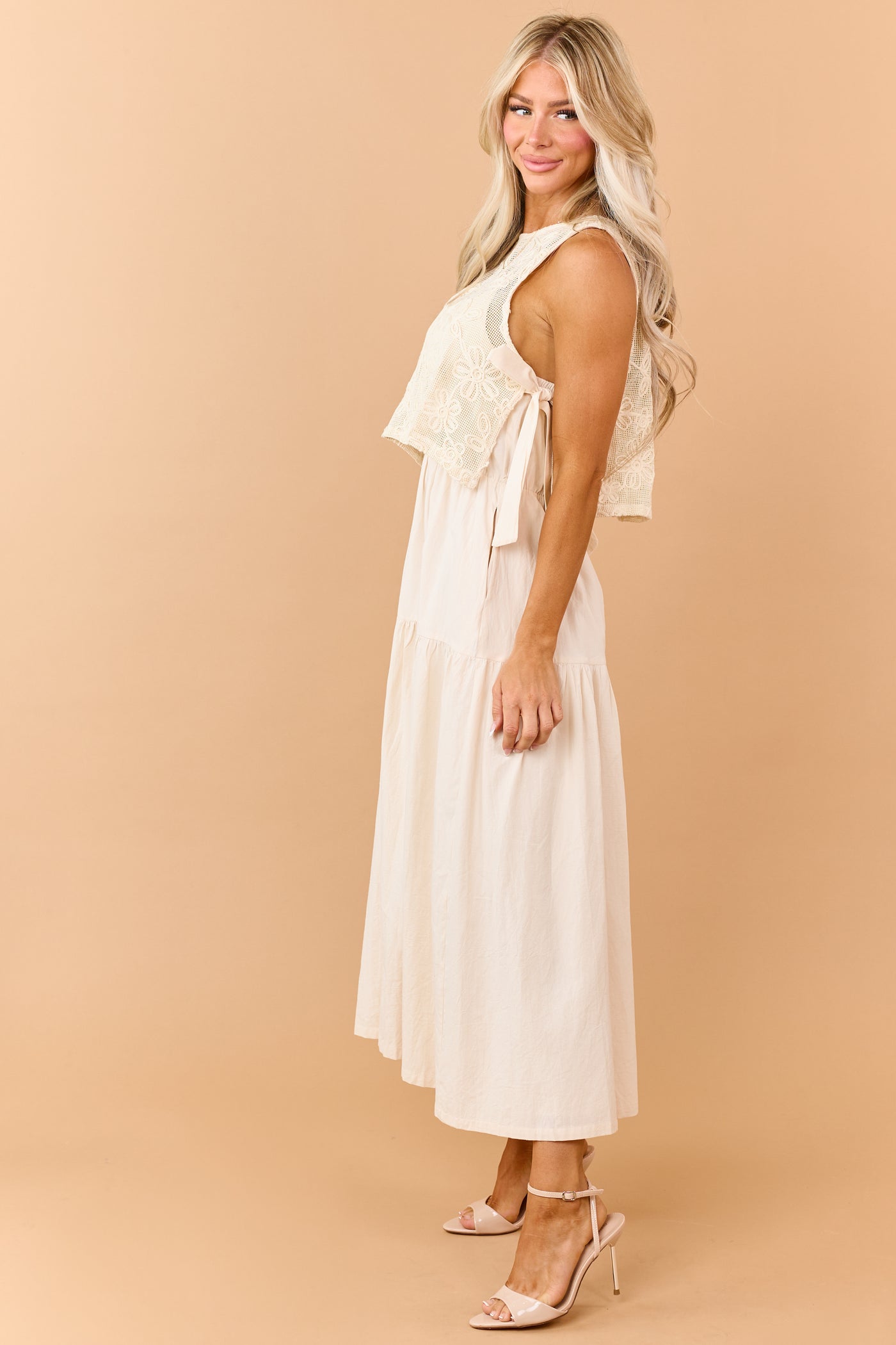 Listicle Almond Cotton Maxi Dress and Vest Set