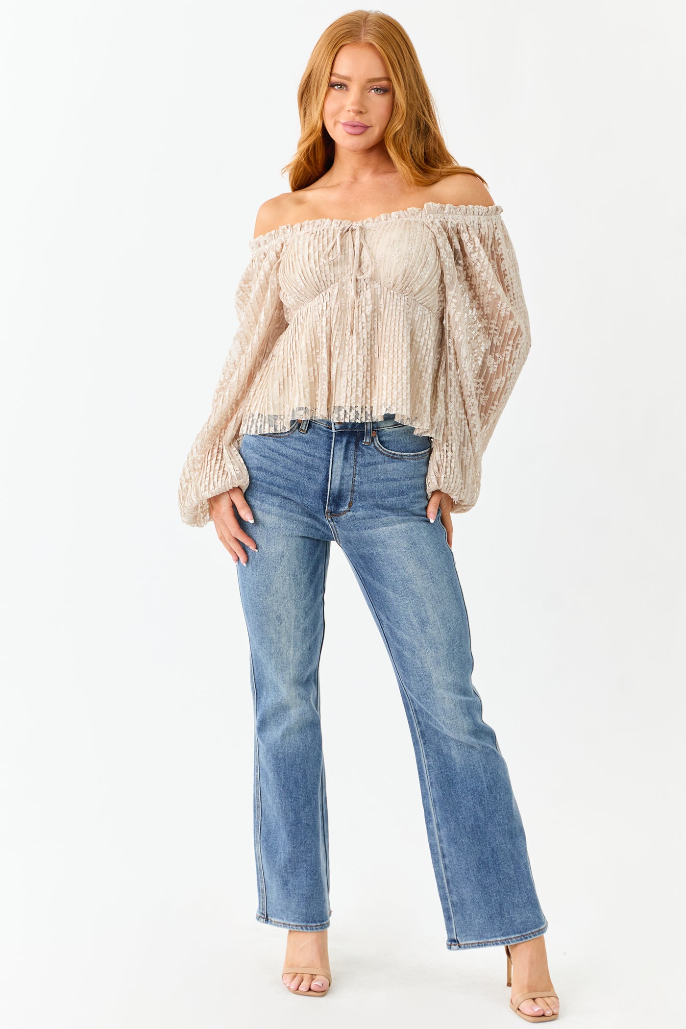 Listicle Almond Floral Lace Long Sleeve Babydoll Top