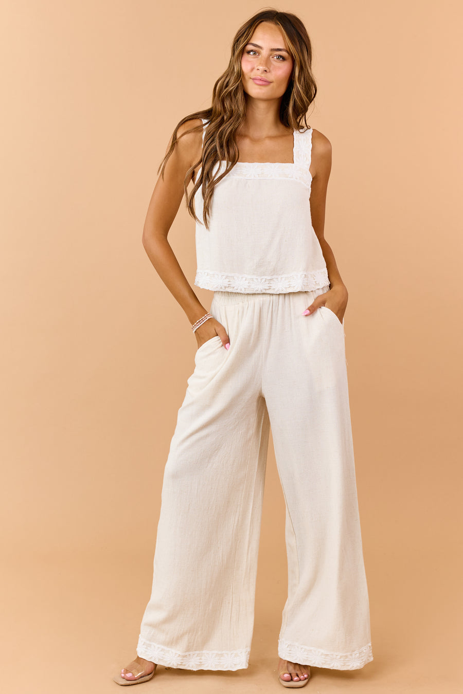Listicle Almond Linen Blend Tank Top and Pants Set