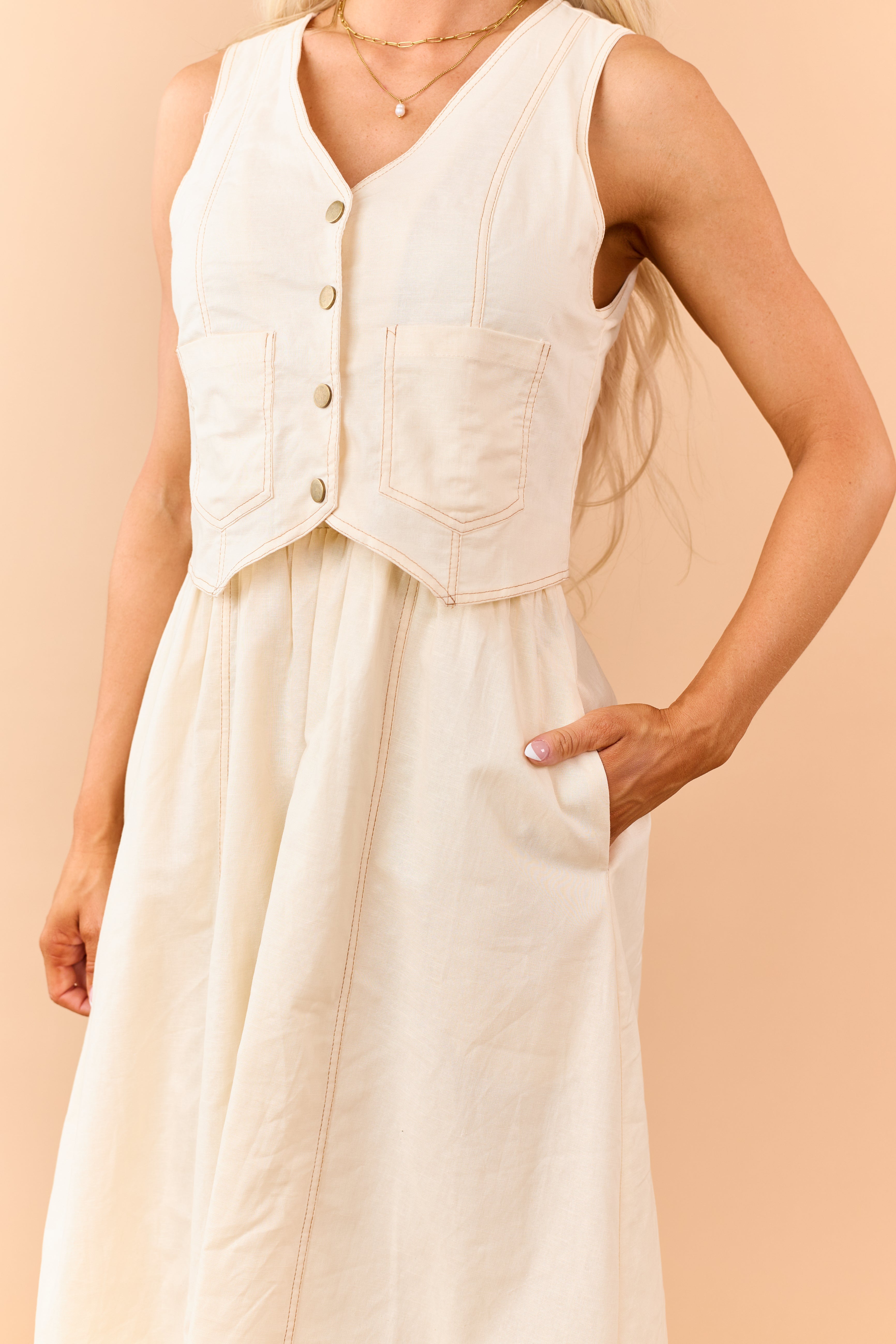 Listicle Almond Linen Blend Vest Style Maxi Dress