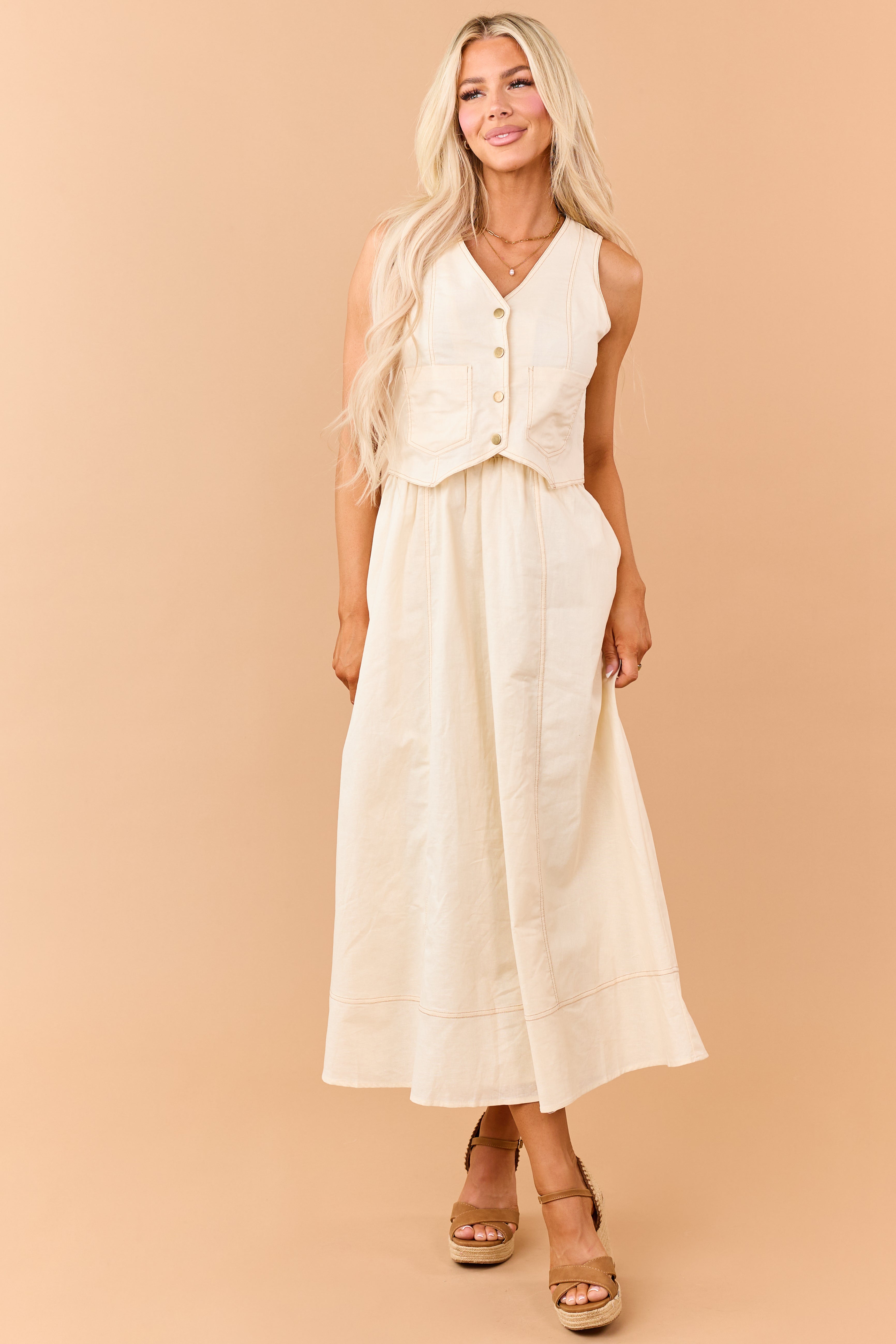 Listicle Almond Linen Blend Vest Style Maxi Dress | Lime Lush Boutique