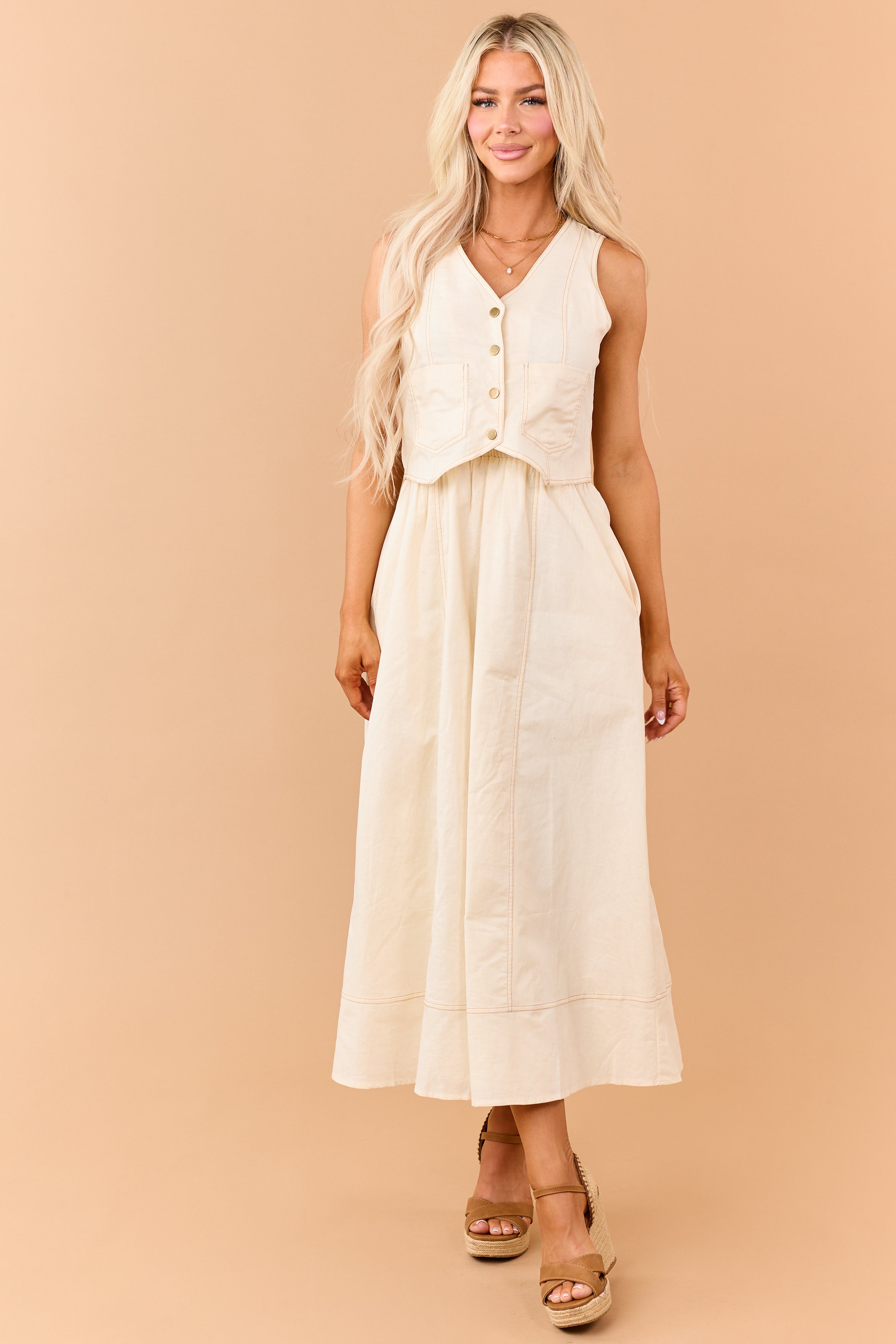 Listicle Almond Linen Blend Vest Style Maxi Dress | Lime Lush Boutique